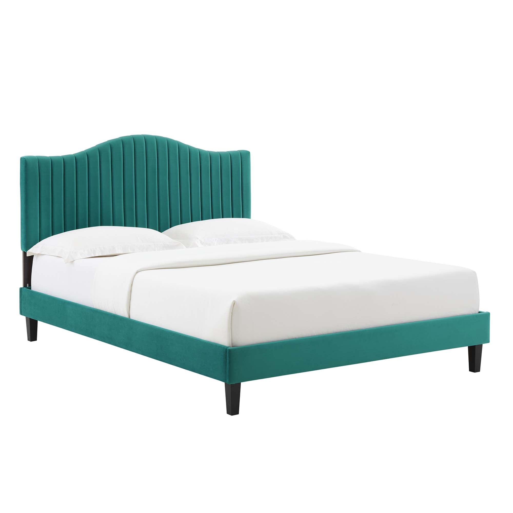 Full Eldra Performance Velvet Platform Bed  Channel Tufted Curved Headboard