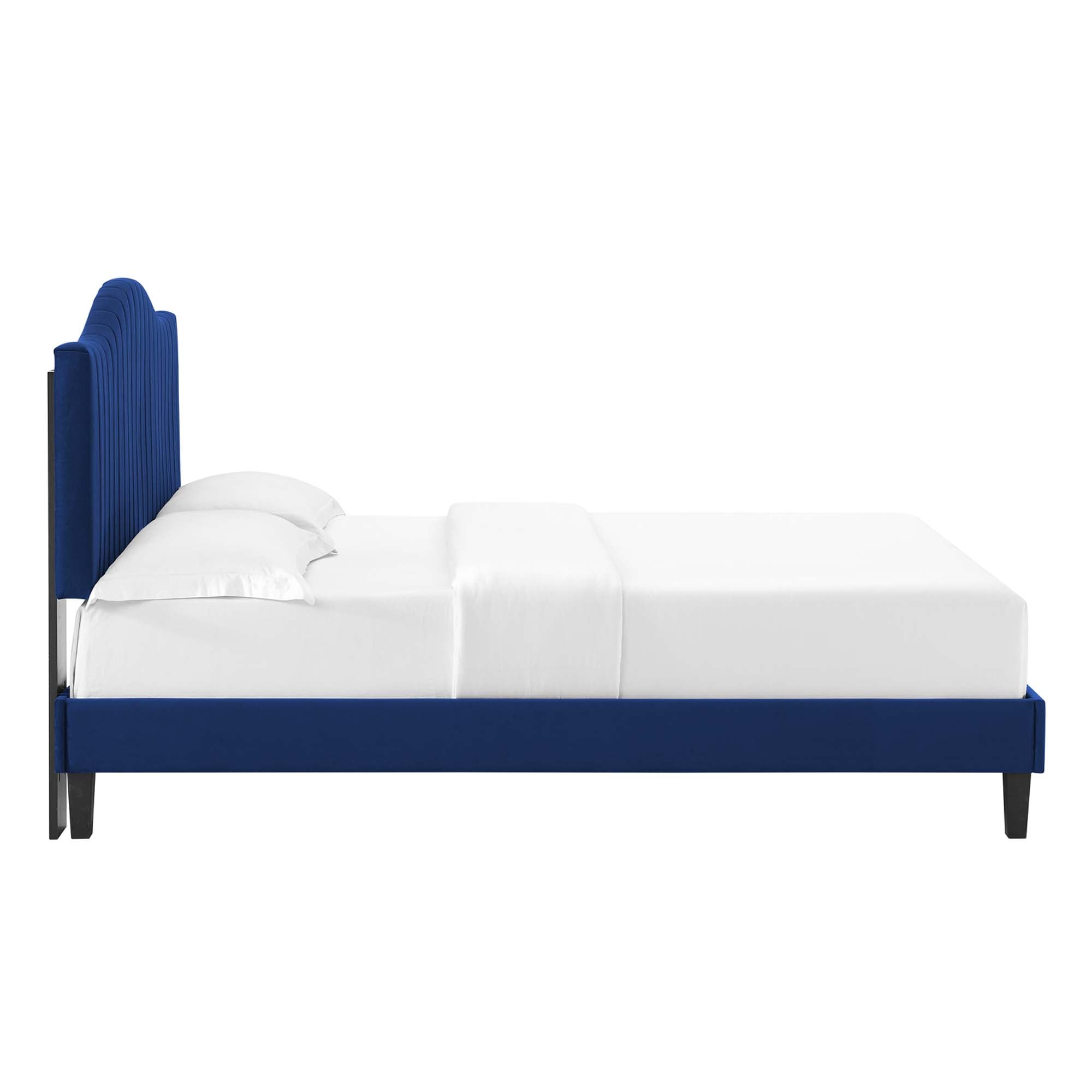 Calden Performance Velvet King Platform Bed  Navy Channel Tufted Headboard