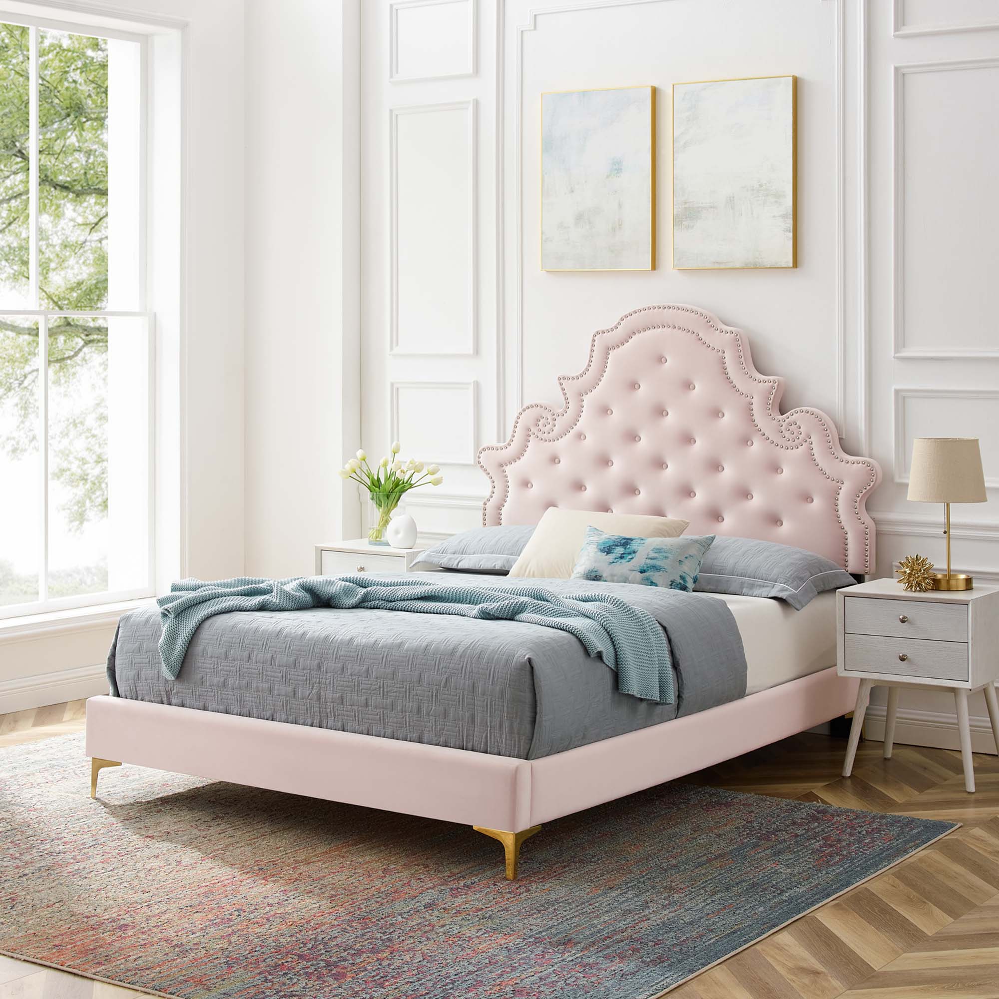 Kyven Queen Performance Velvet Platform Bed  Pink Tufted with Gold Metal Base
