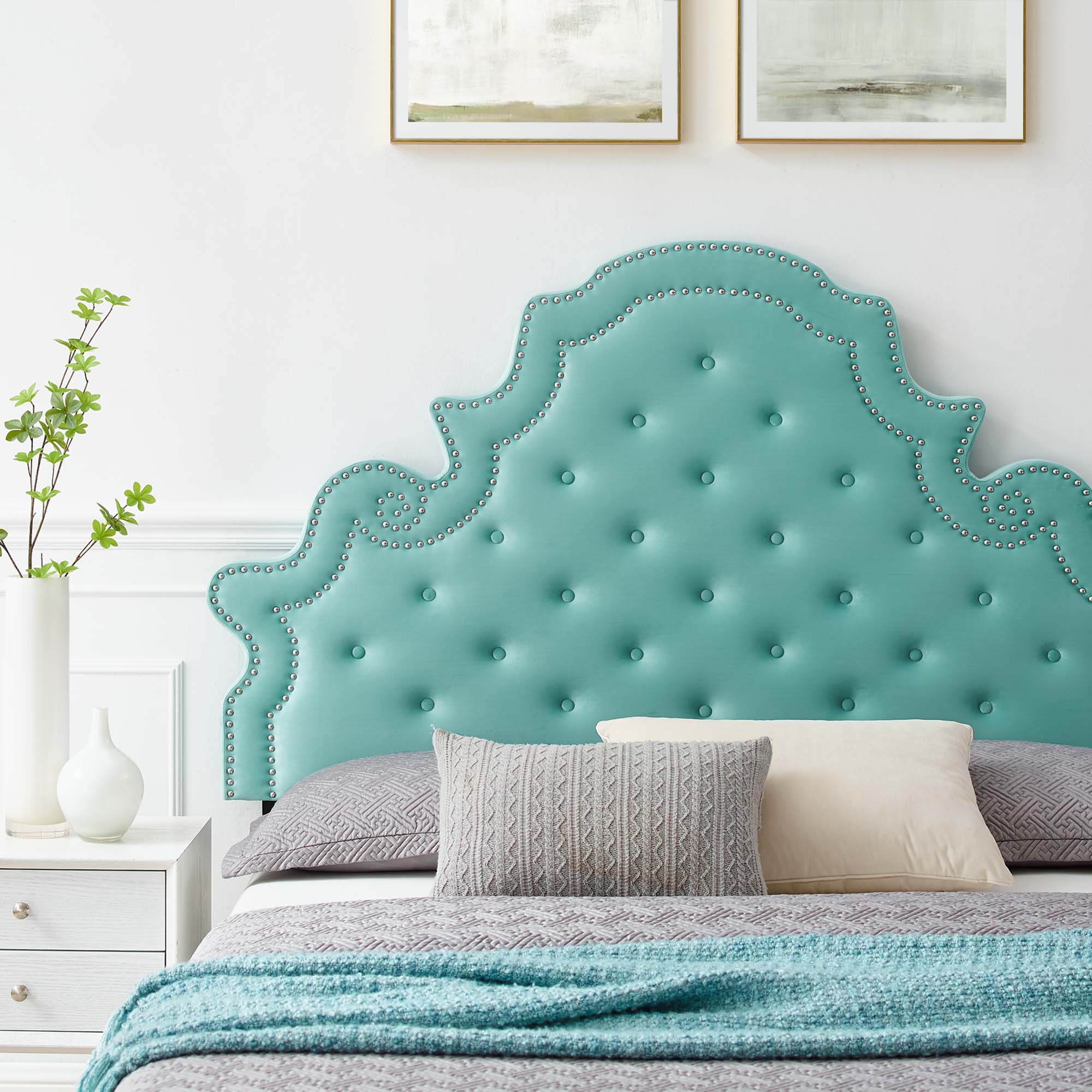 Gwyneth Mint Tufted Performance Velvet Queen Platform Bed