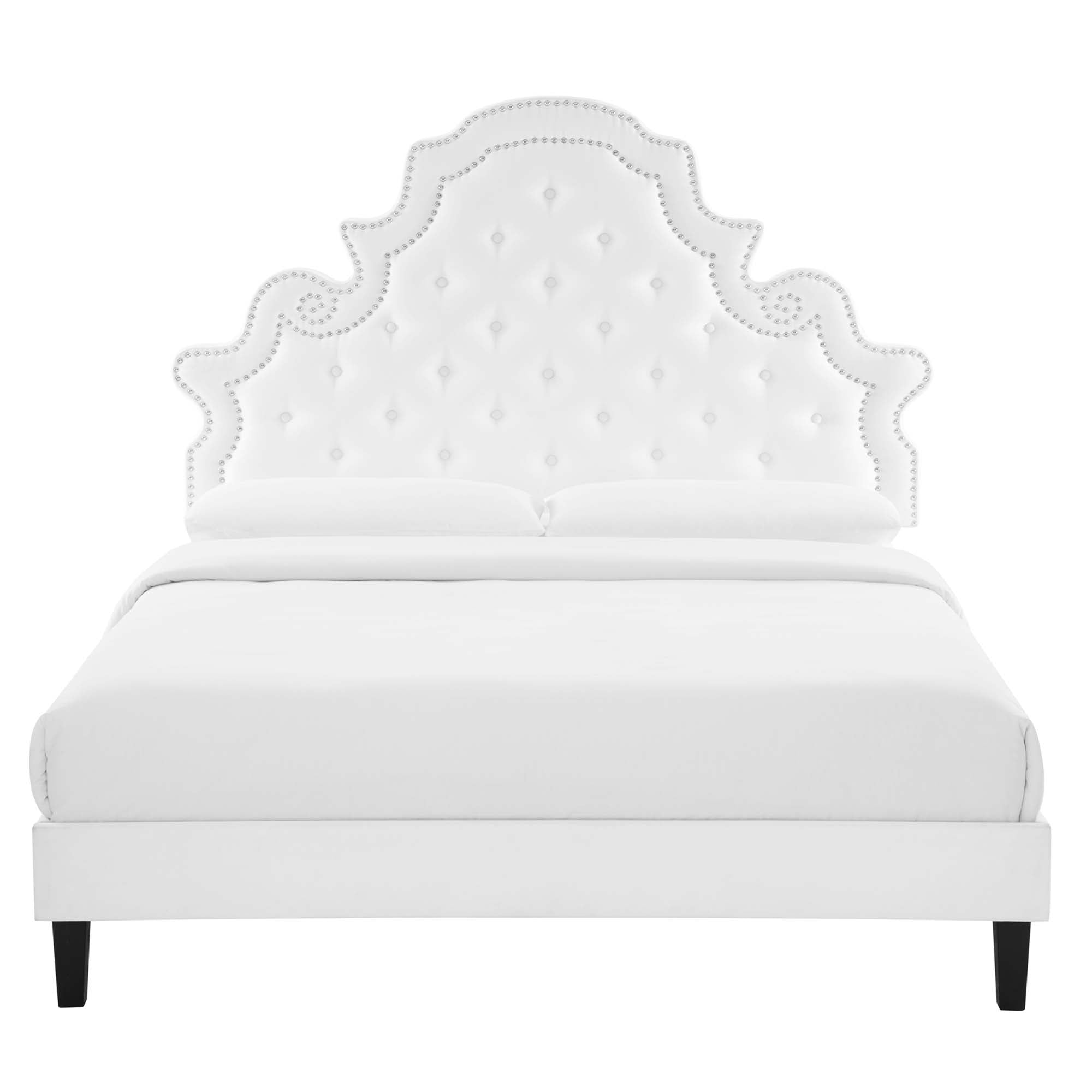 White Umbriel Tufted Queen Platform Bed  Performance Velvet Upholstered Frame