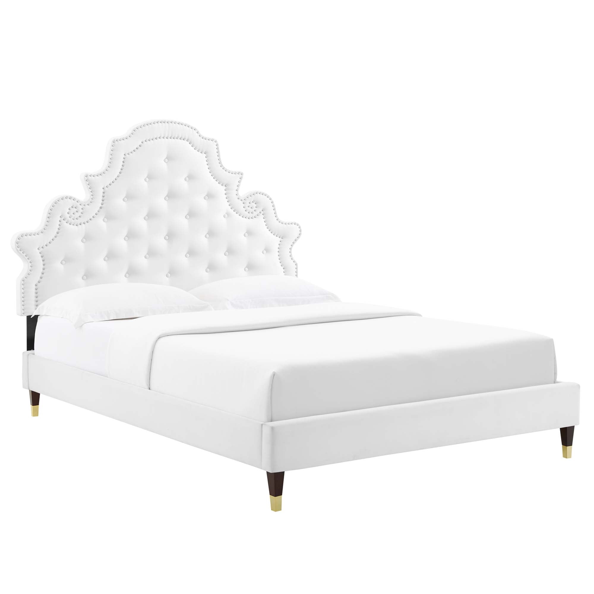 Quarren Full White Tufted Performance Velvet Platform Bed  Button Tufted with Nailhead Trim