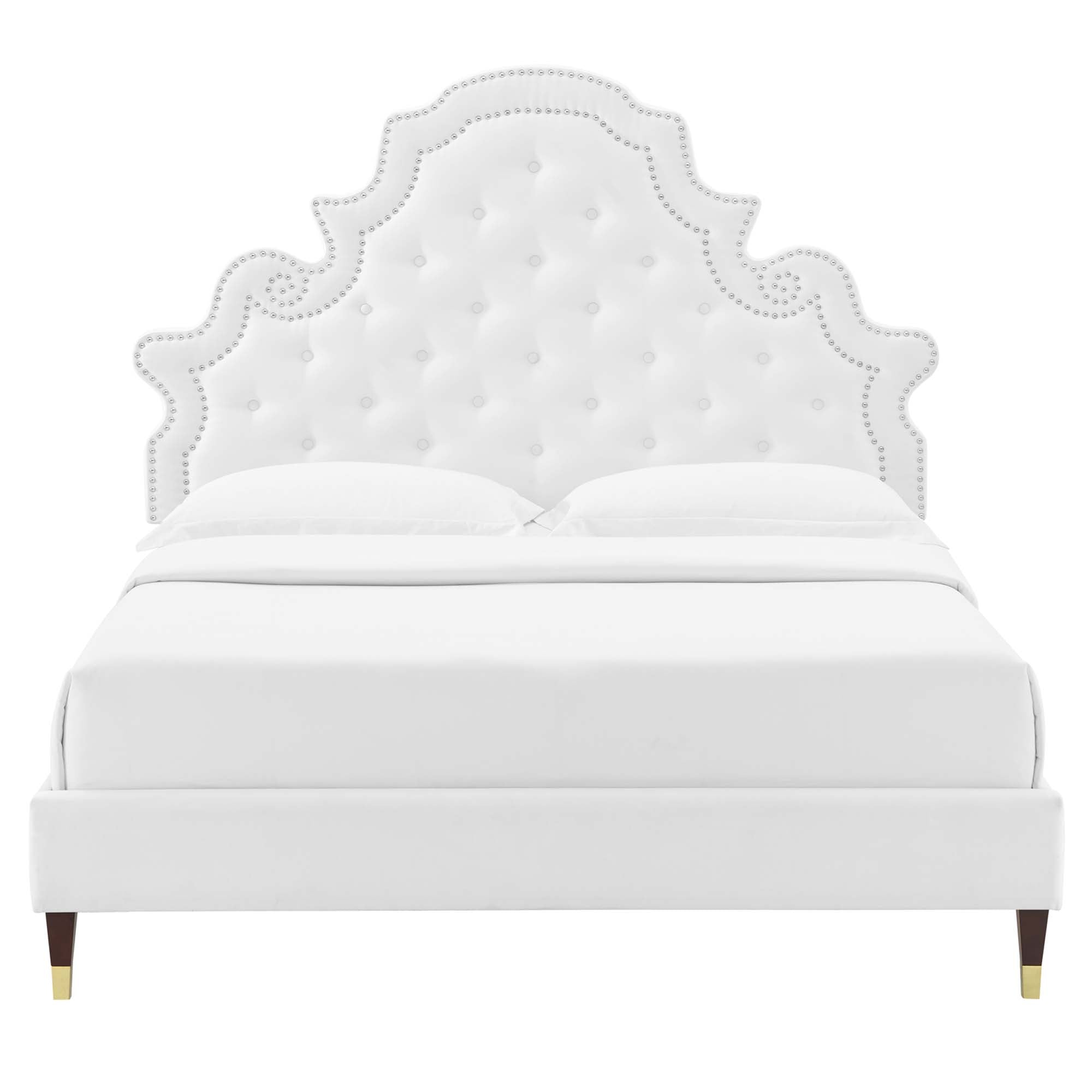 Quarren Full White Tufted Performance Velvet Platform Bed  Button Tufted with Nailhead Trim