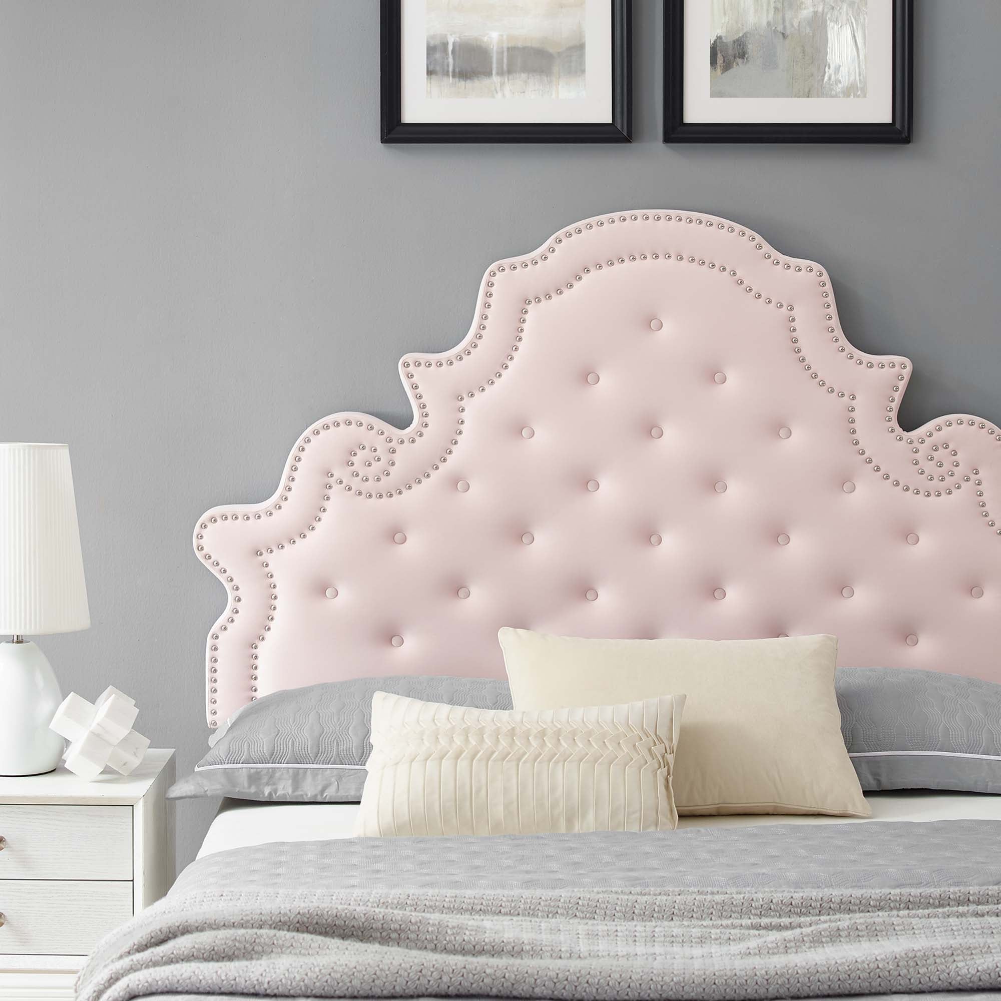 Pink Verrah Performance Velvet Full Platform Bed  Tufted Headboard with Wood Slats