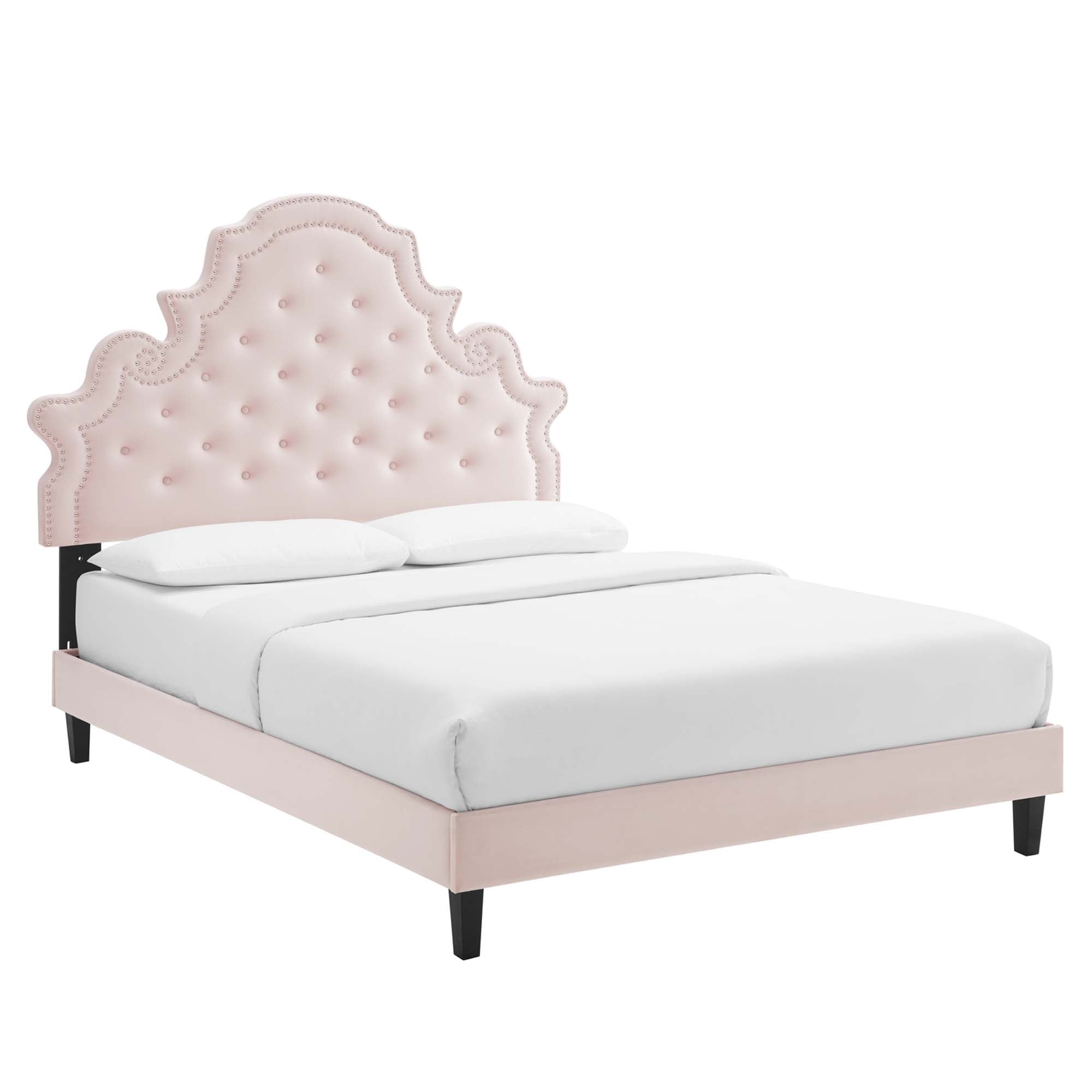 Pink Verrah Performance Velvet Full Platform Bed  Tufted Headboard with Wood Slats