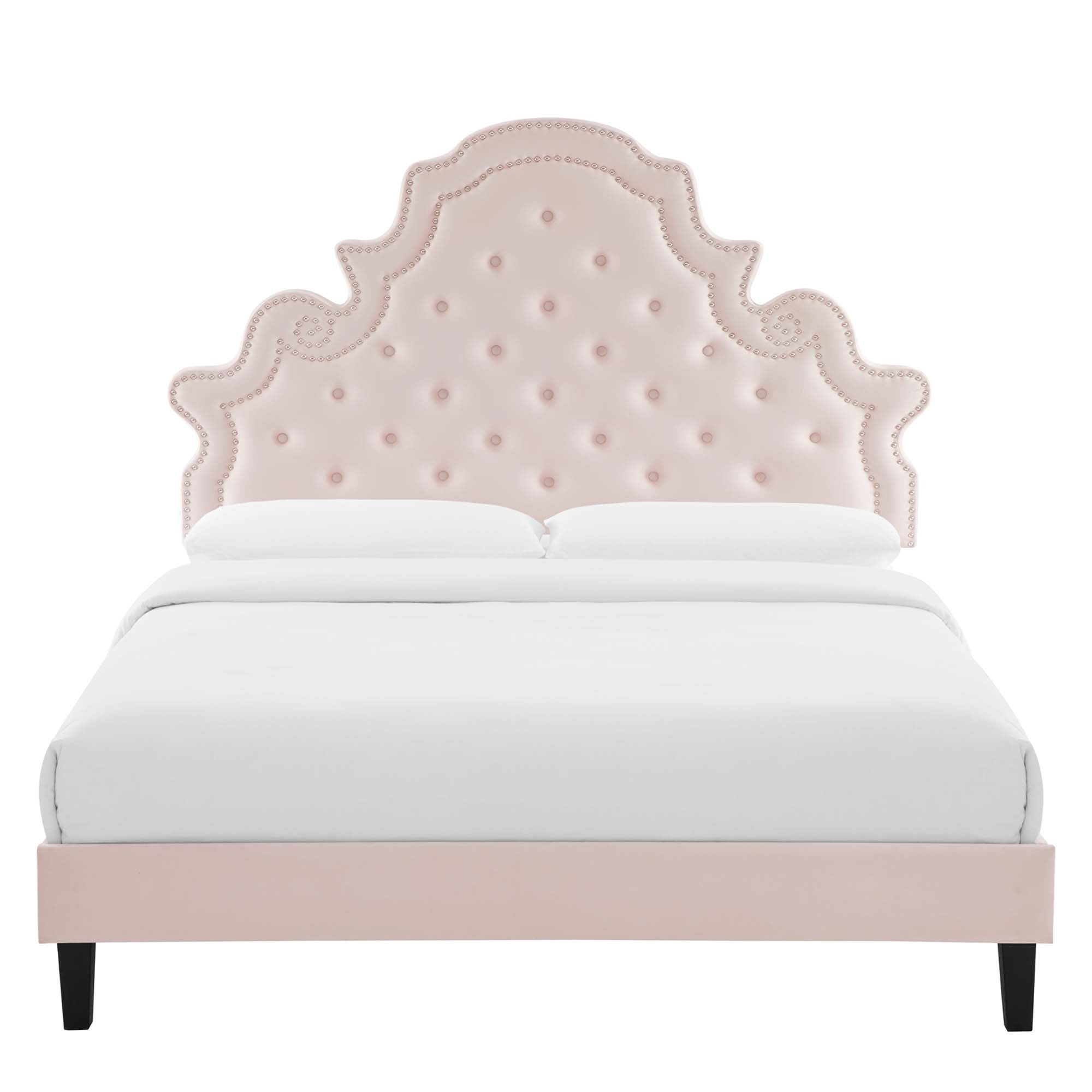 Pink Verrah Performance Velvet Full Platform Bed  Tufted Headboard with Wood Slats