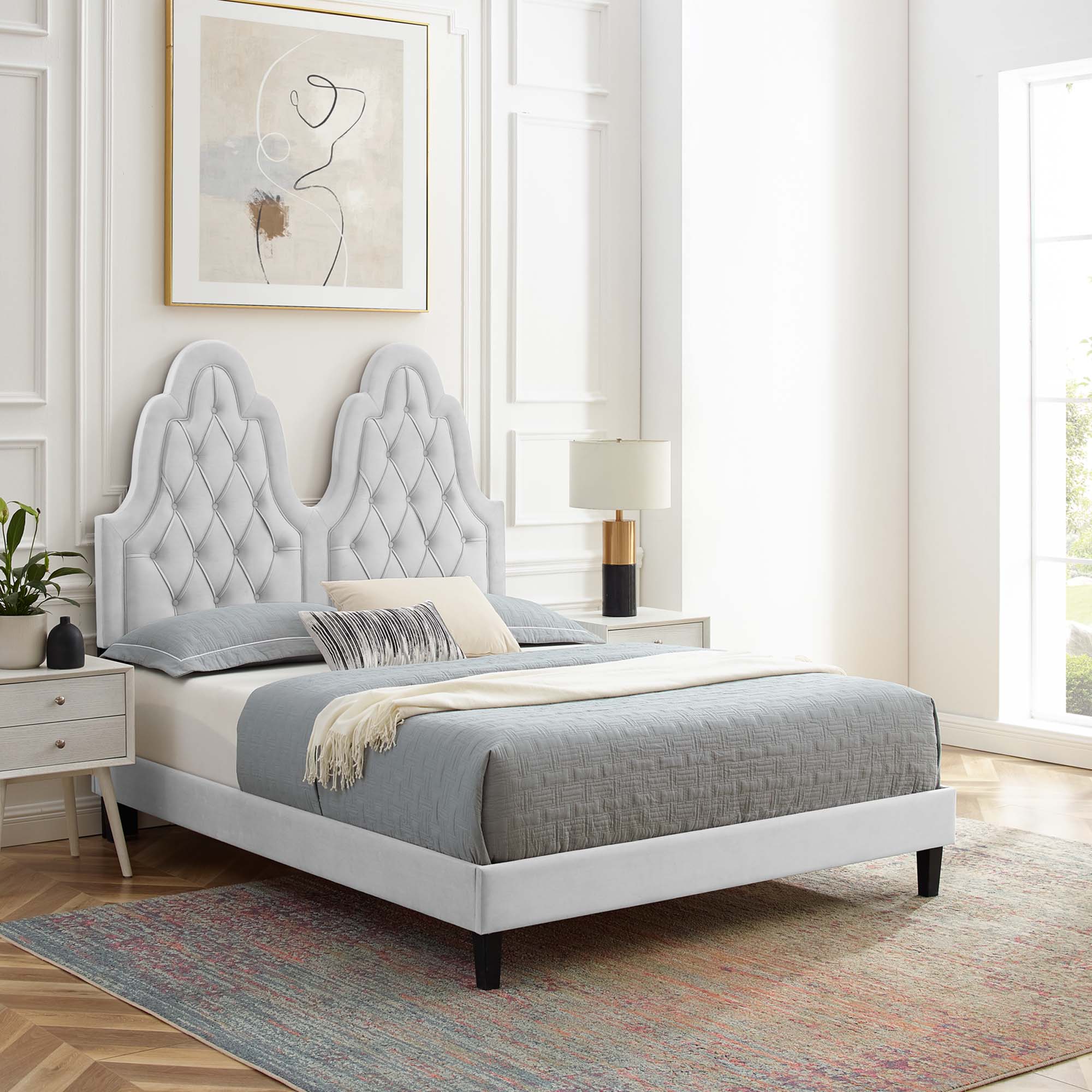 Alexandria Light Gray Tufted Performance Velvet Queen Platform Bed