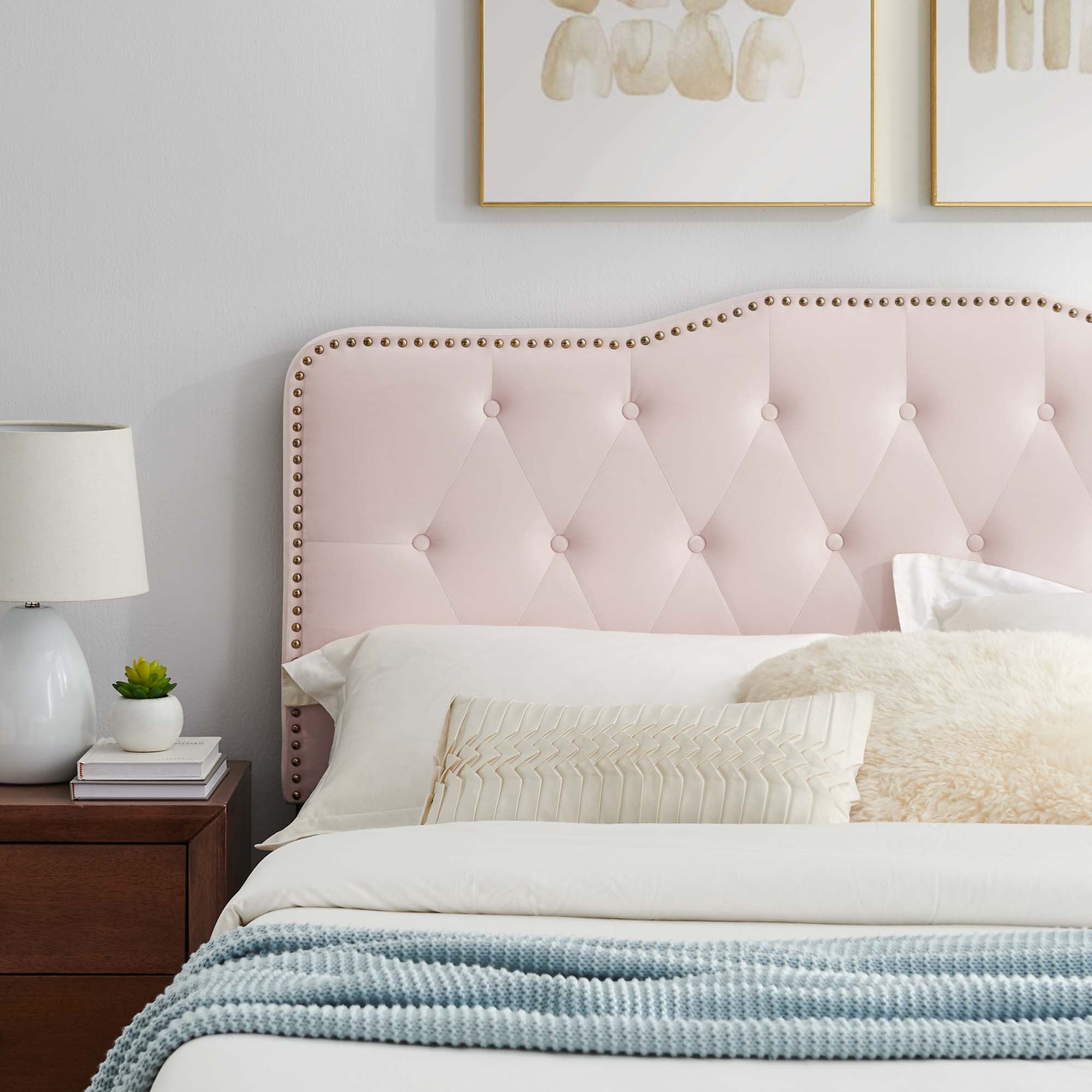 Finn Pink Queen Velvet Platform Bed  Button Tufted with Gold Metal Legs