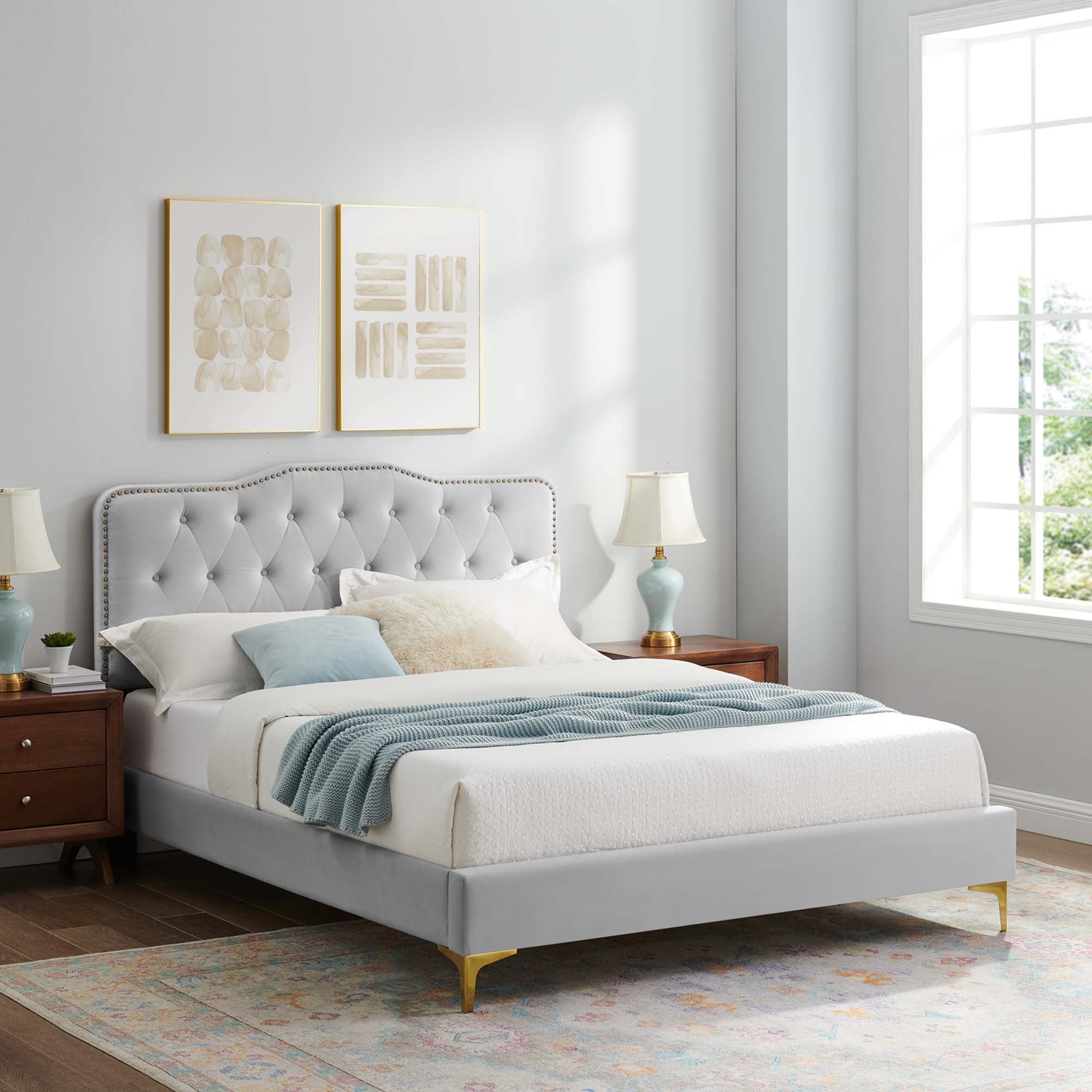 Elias Light Grey Twin Platform Bed Performance Velvet – Stain-Resistant Tufted Headboard