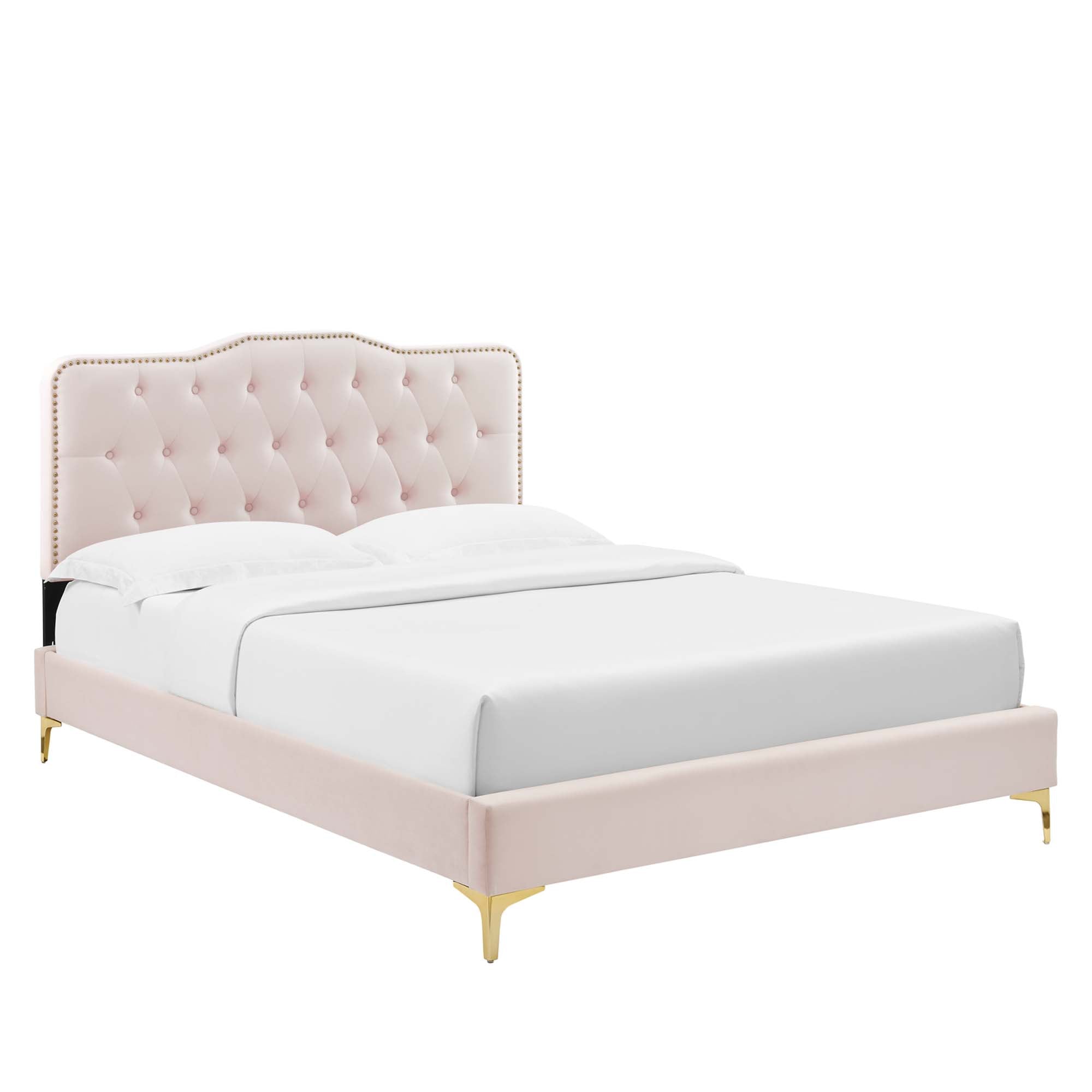 Foster Full Platform Bed with Performance Velvet Button Tufting & Nailhead Trim