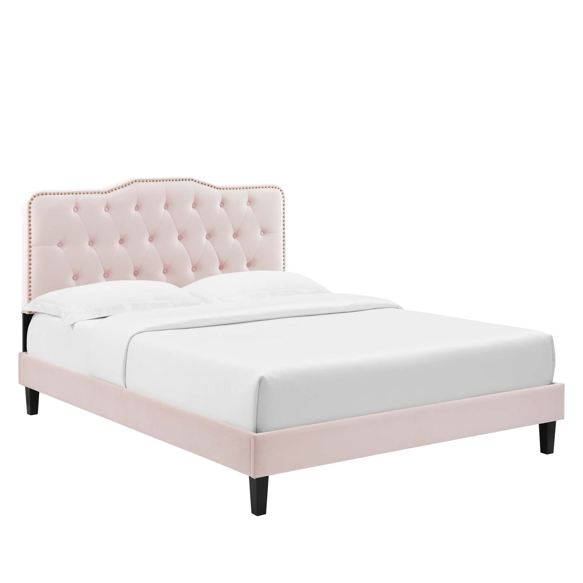 Thomas Full Pink Velvet Platform Bed  Nailhead Trim & Tufted Headboard