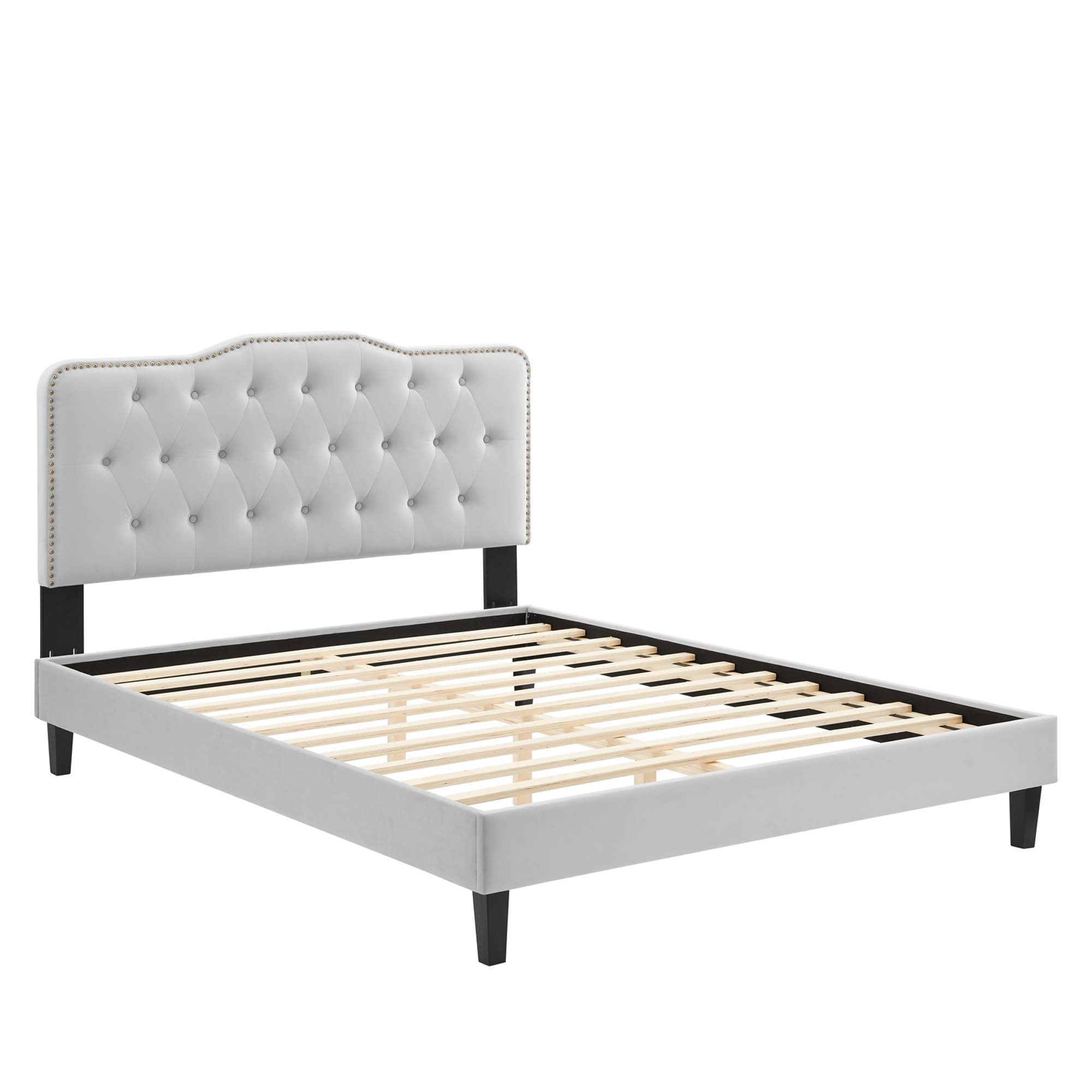 Theo King Performance Velvet Platform Bed  Tufted Upholstered with Nailhead Trim