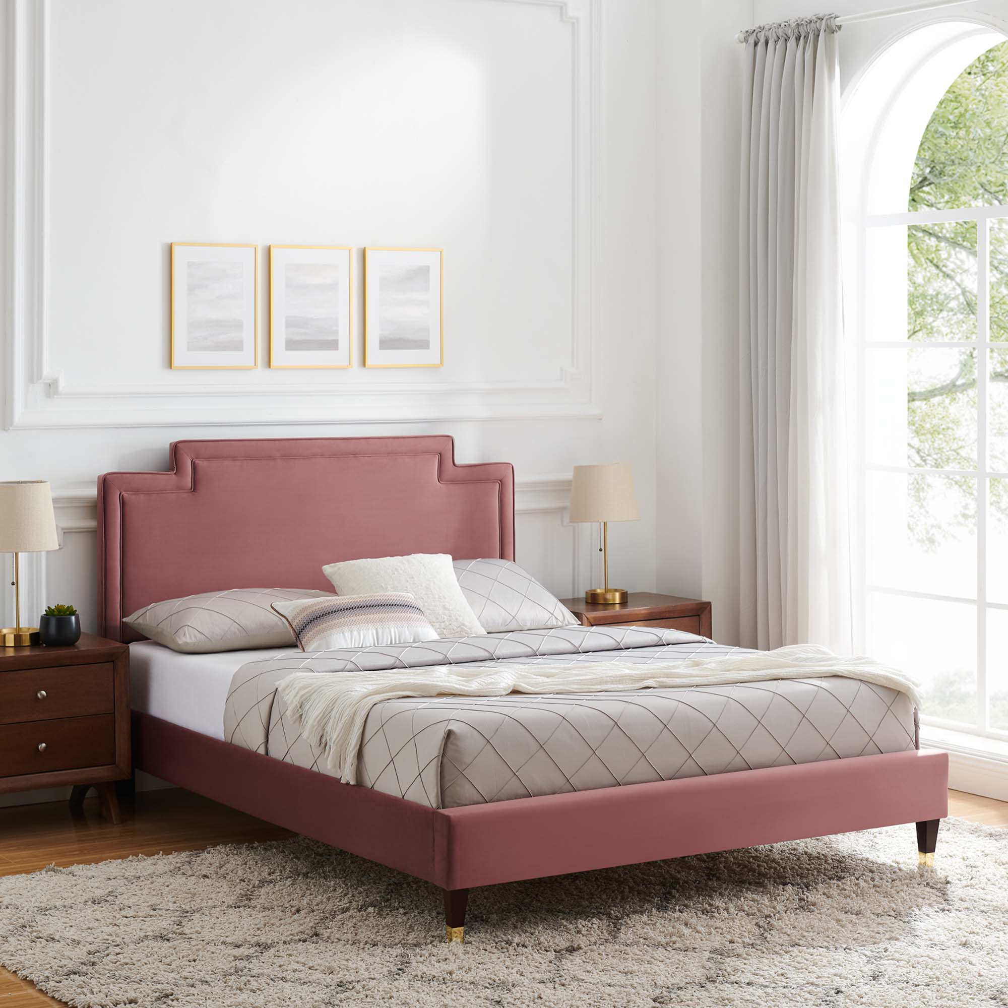 Twin Bed Jive Velvet Upholstery – Dusty Rose with Modern Chic Look