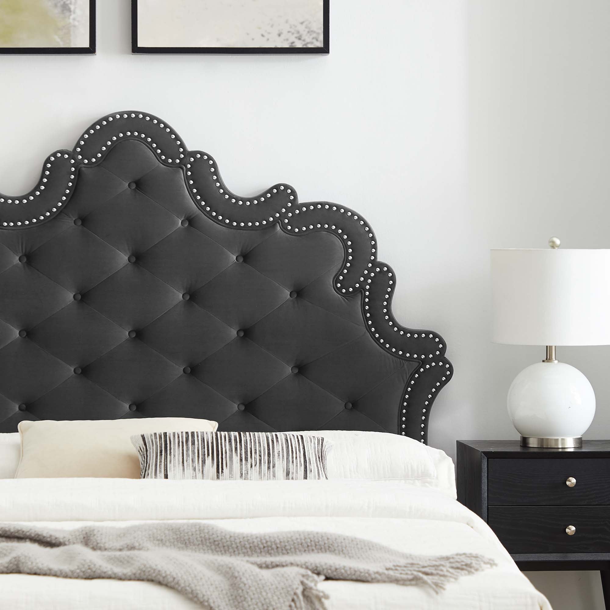 Sasha Charcoal Button-Tufted Performance Velvet King Bed