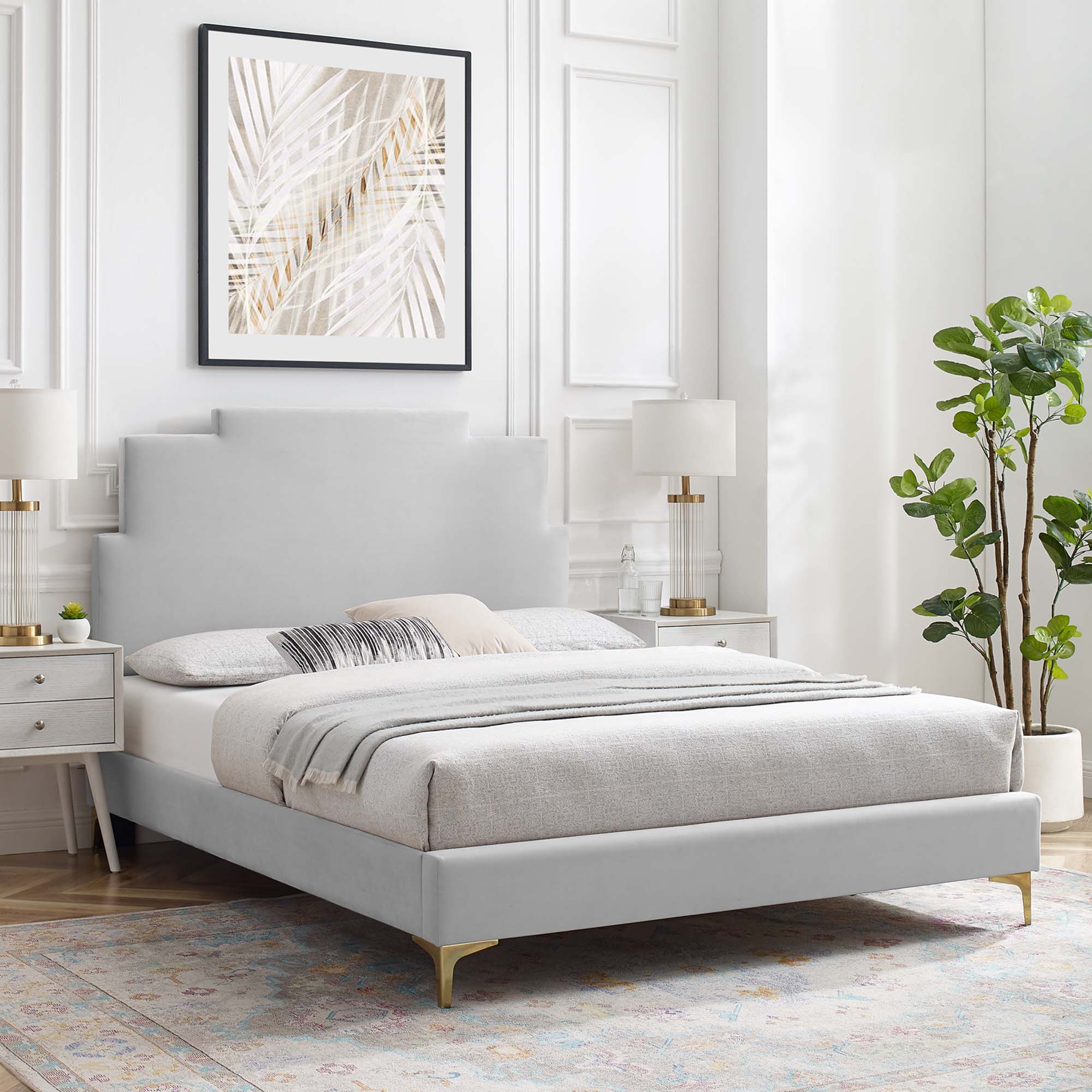 Lindsey Light Gray Performance Velvet Twin Platform Bed