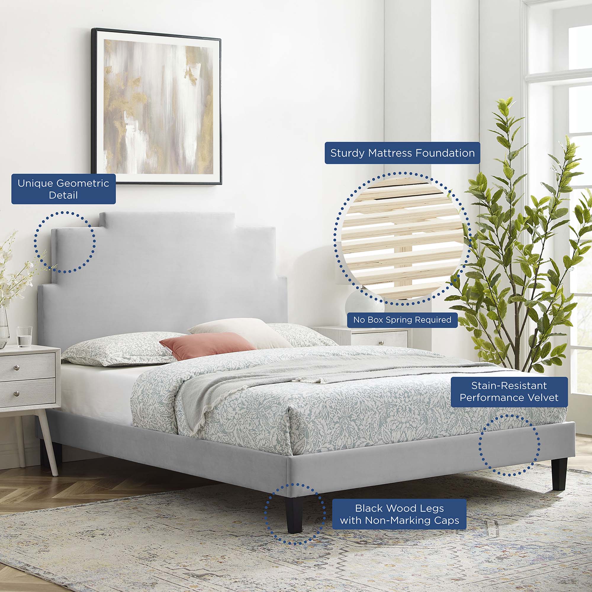 Lindsey Light Gray Performance Velvet Twin Platform Bed