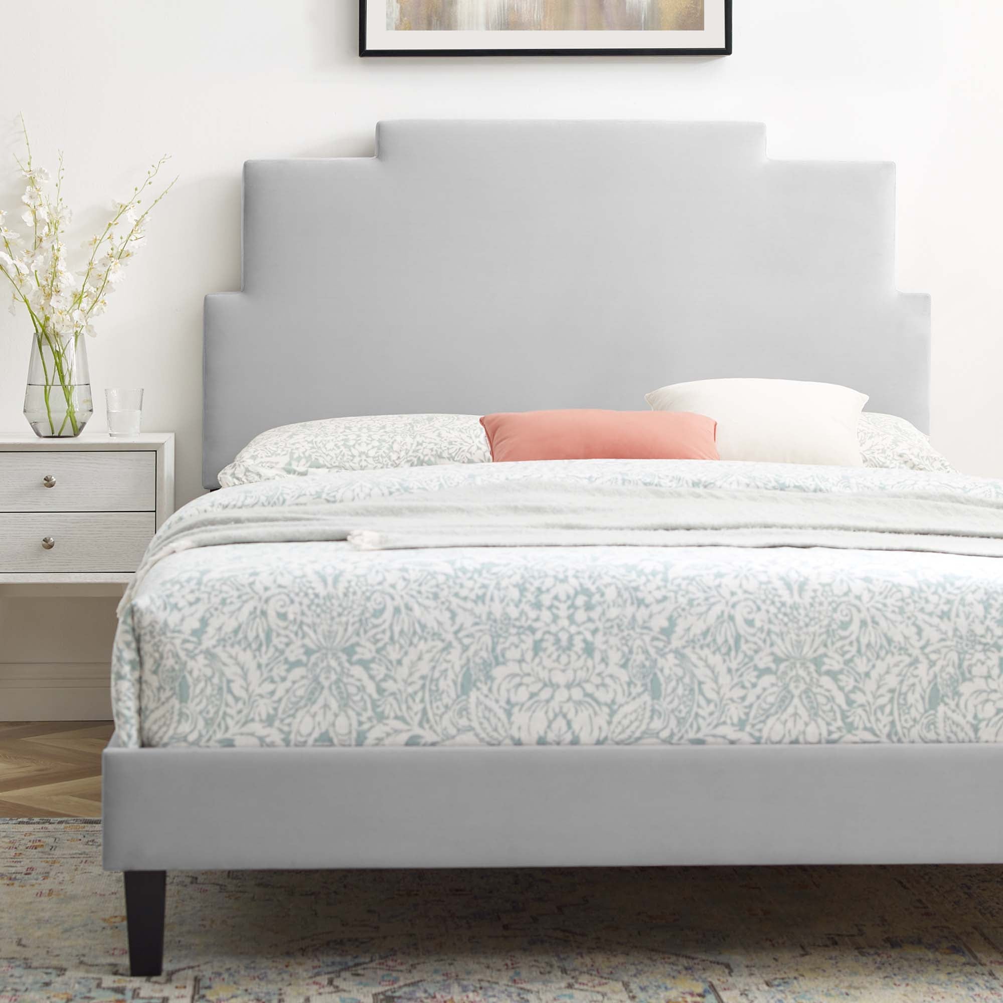 Lindsey Light Gray Performance Velvet Twin Platform Bed