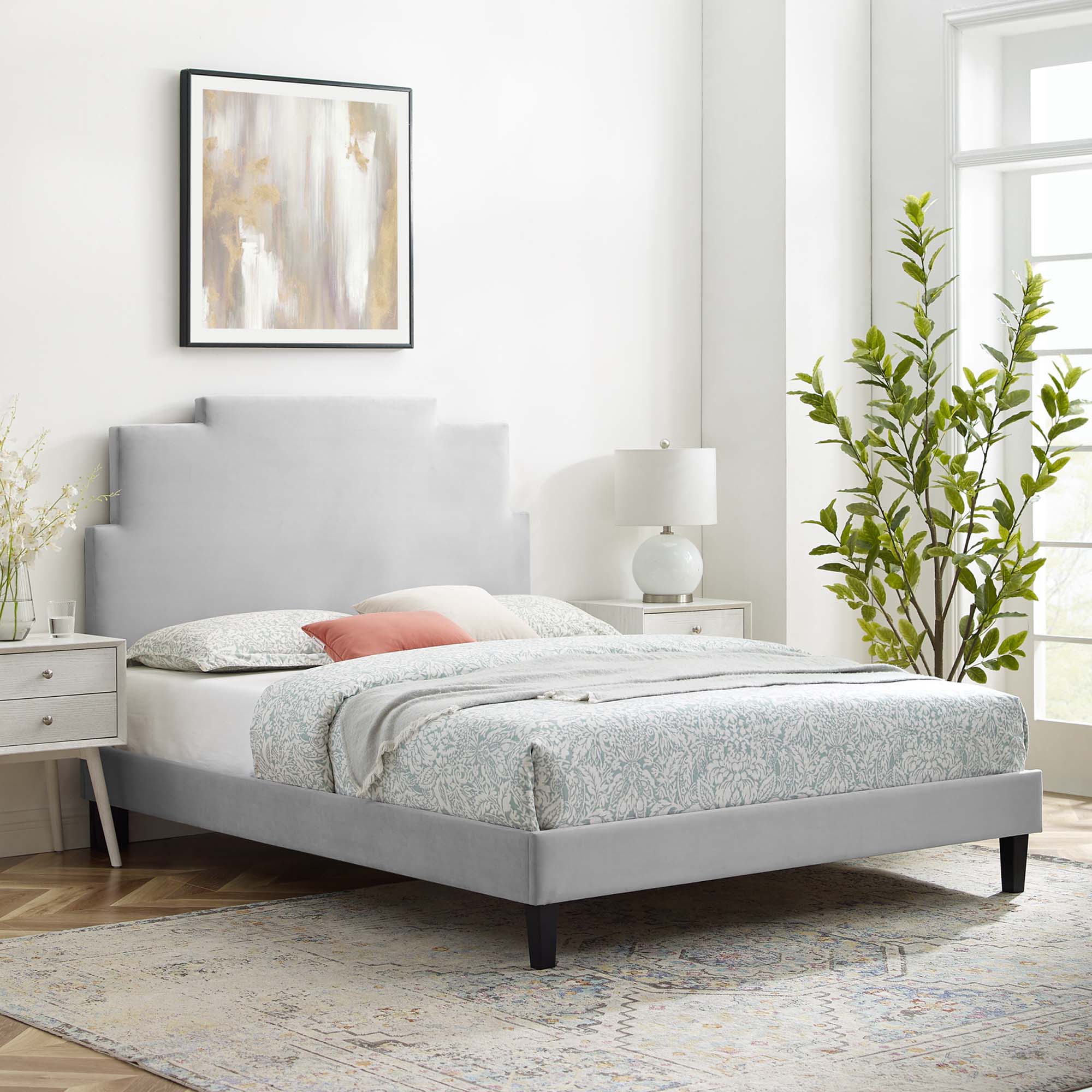 Lindsey Light Gray Performance Velvet Twin Platform Bed