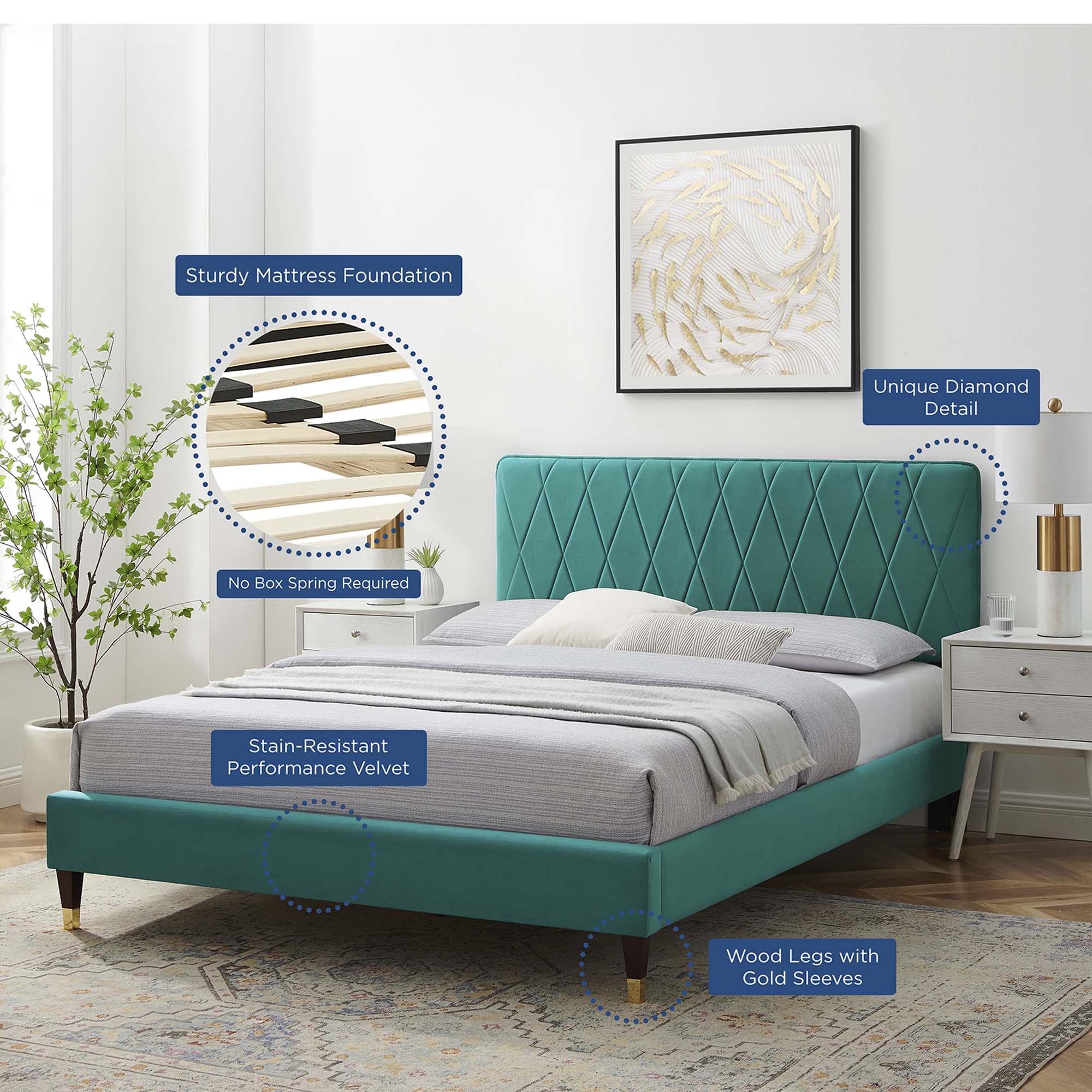 Phillipa Teal Performance Velvet Twin Platform Bed