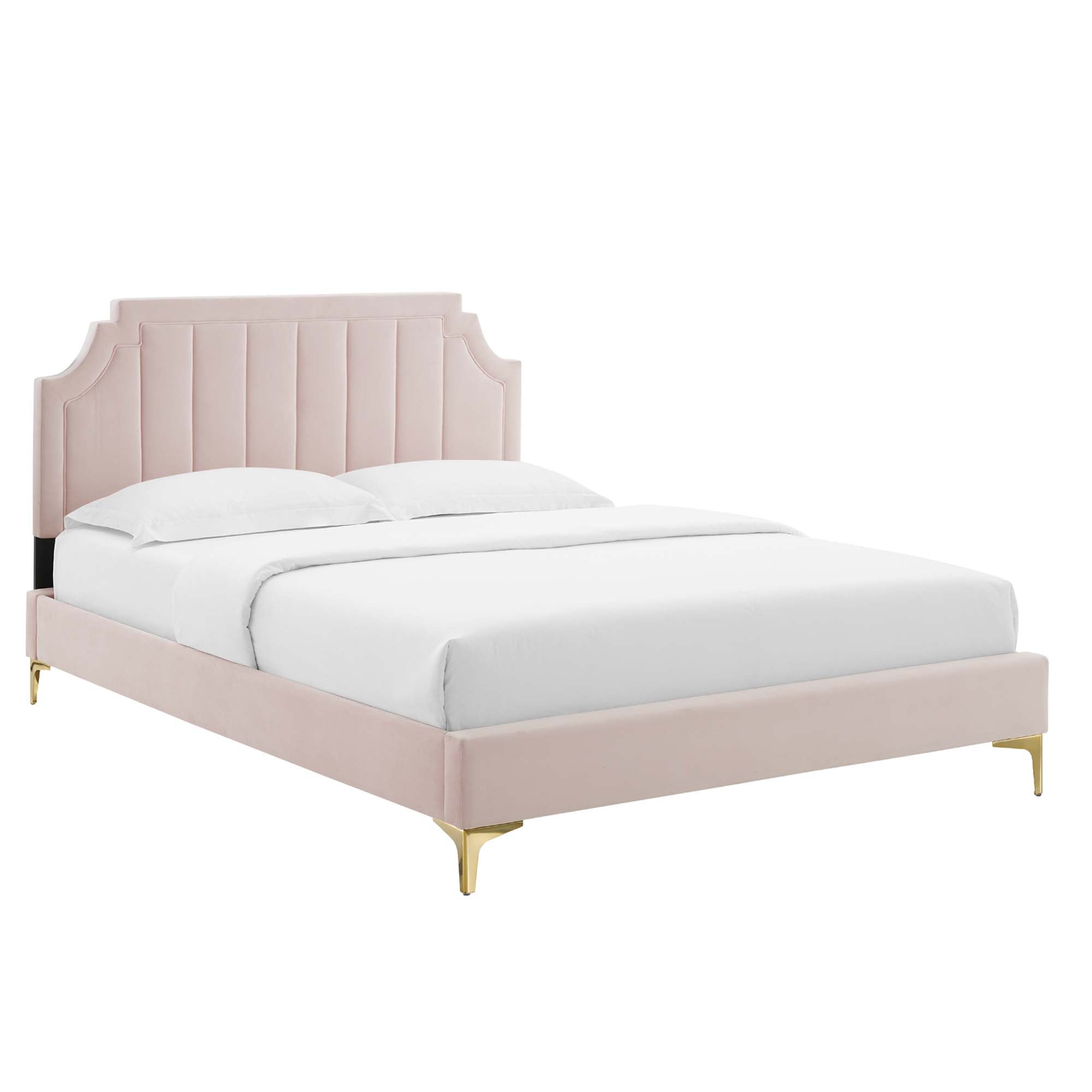 Fernis Performance Velvet Full Platform Bed – Pink Channel Tufted No Box Spring