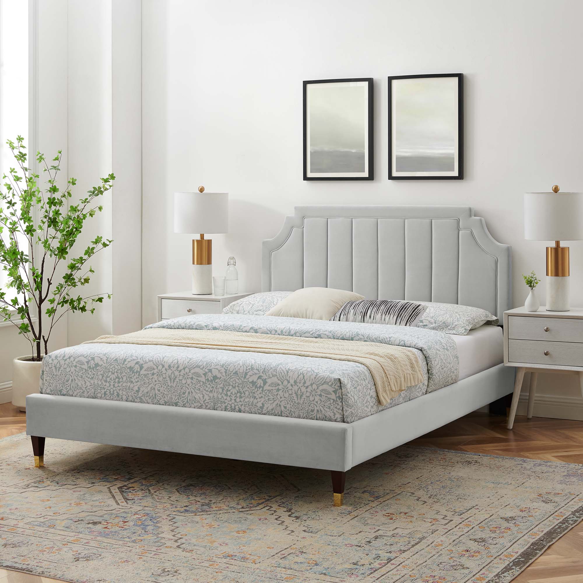 Sienna Light Grey Performance Velvet Full Platform Bed