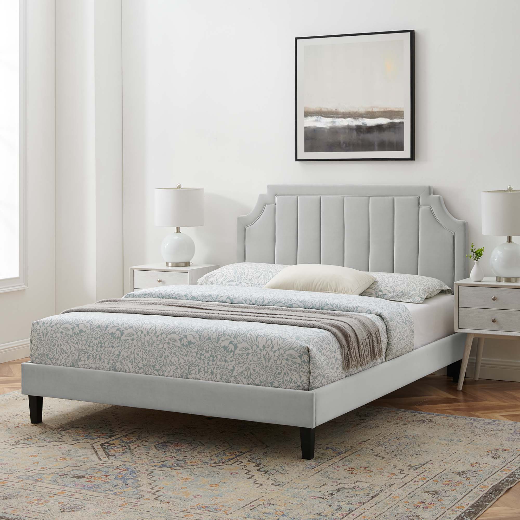 Sienna Performance Velvet Full Platform Bed, Light Gray