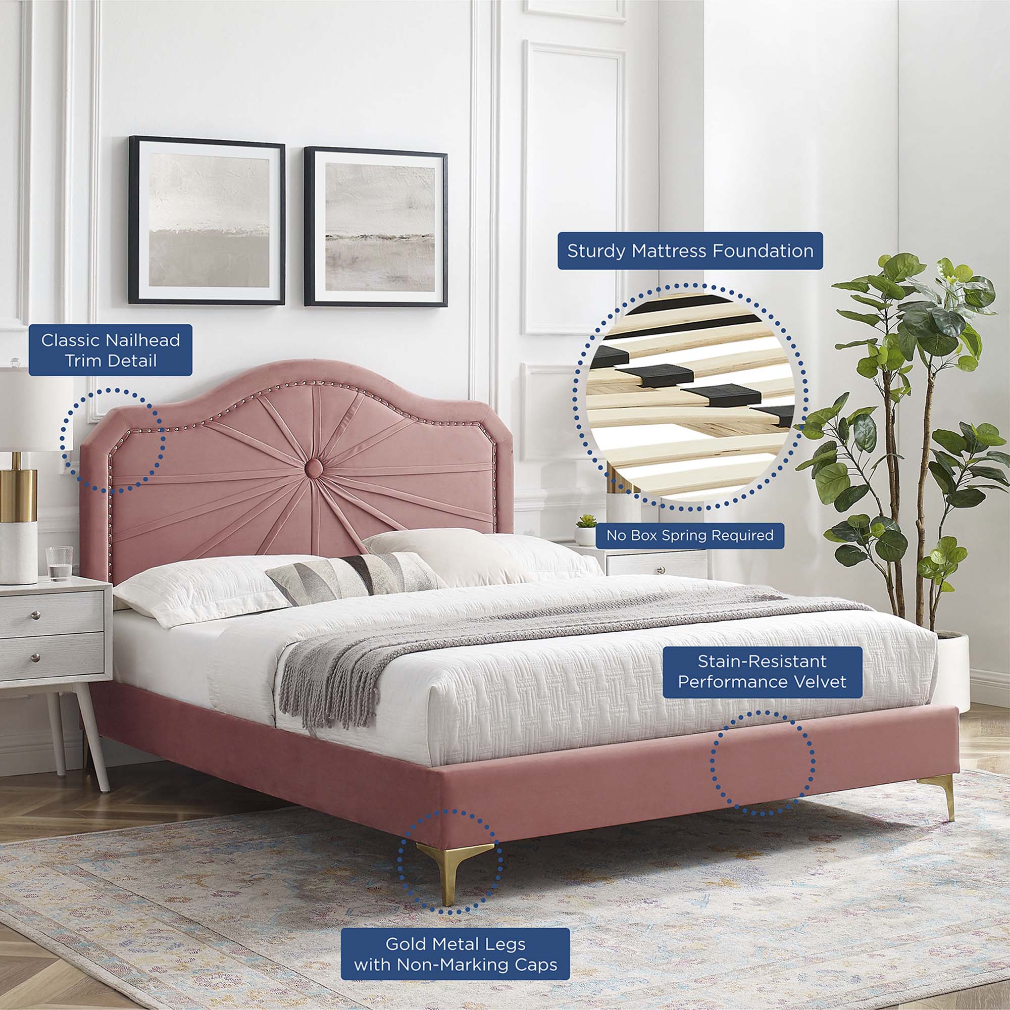 Portia Dusty Rose Performance Velvet King Platform Bed