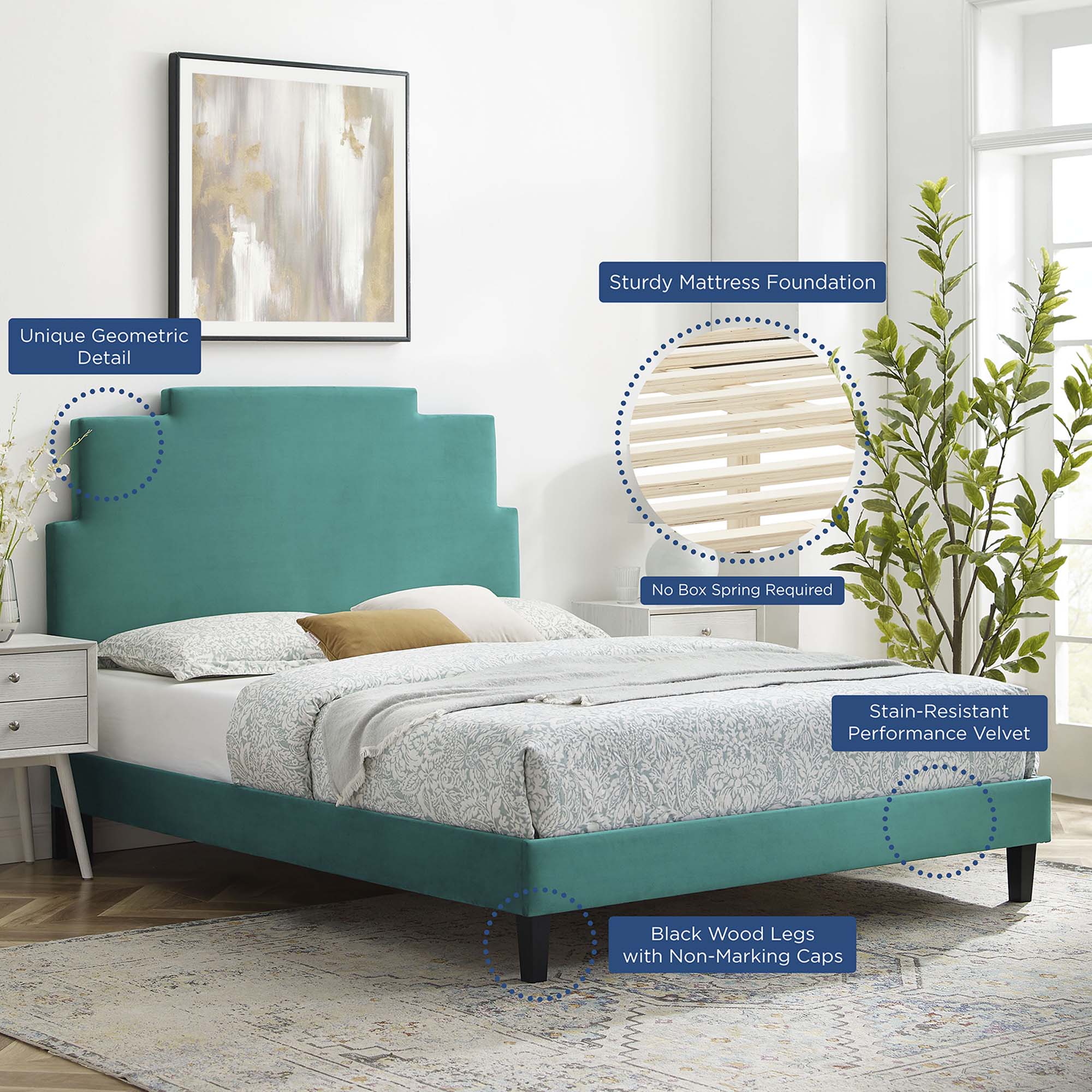 Lindsey Teal Performance Velvet Full Platform Bed