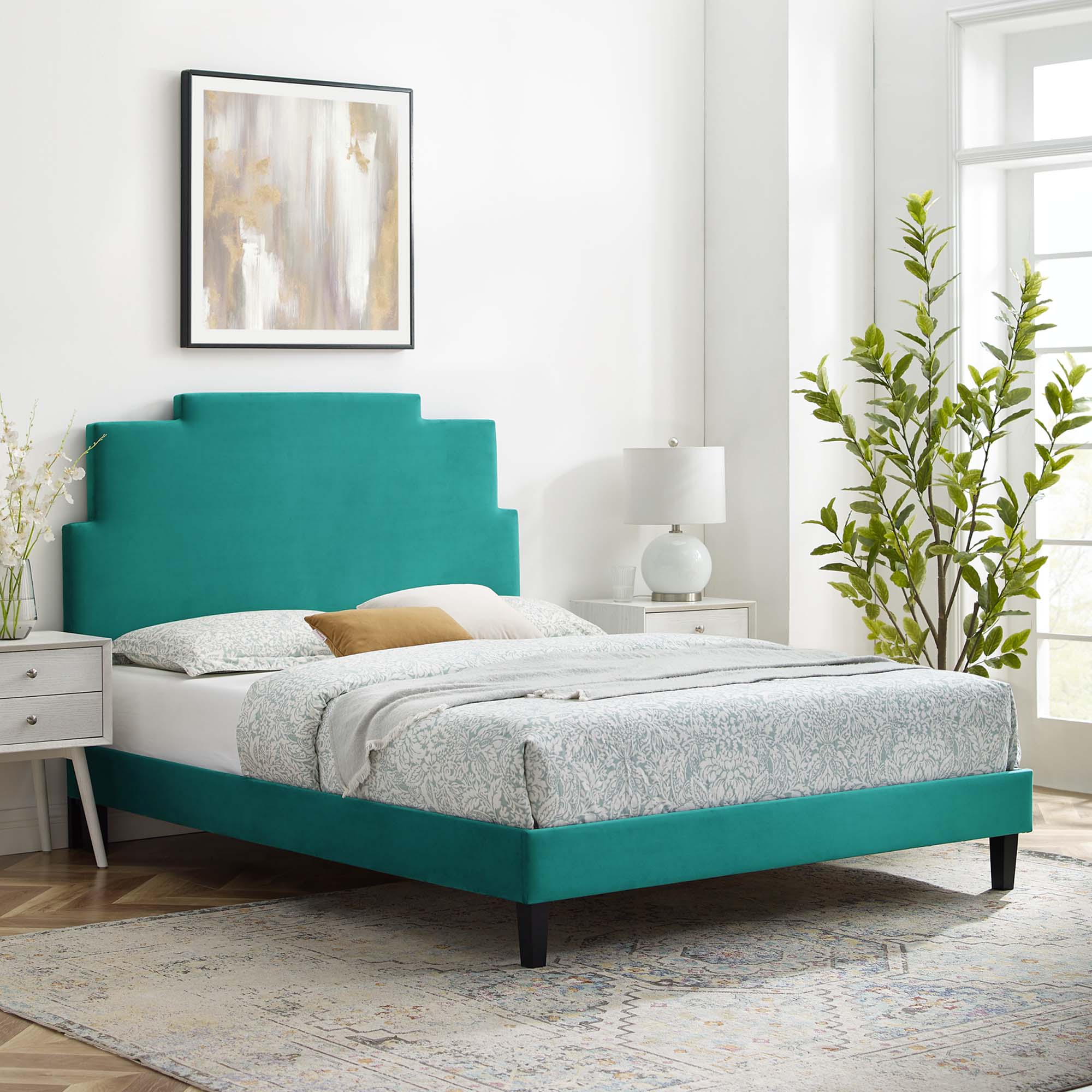 Lindsey Teal Performance Velvet Full Platform Bed