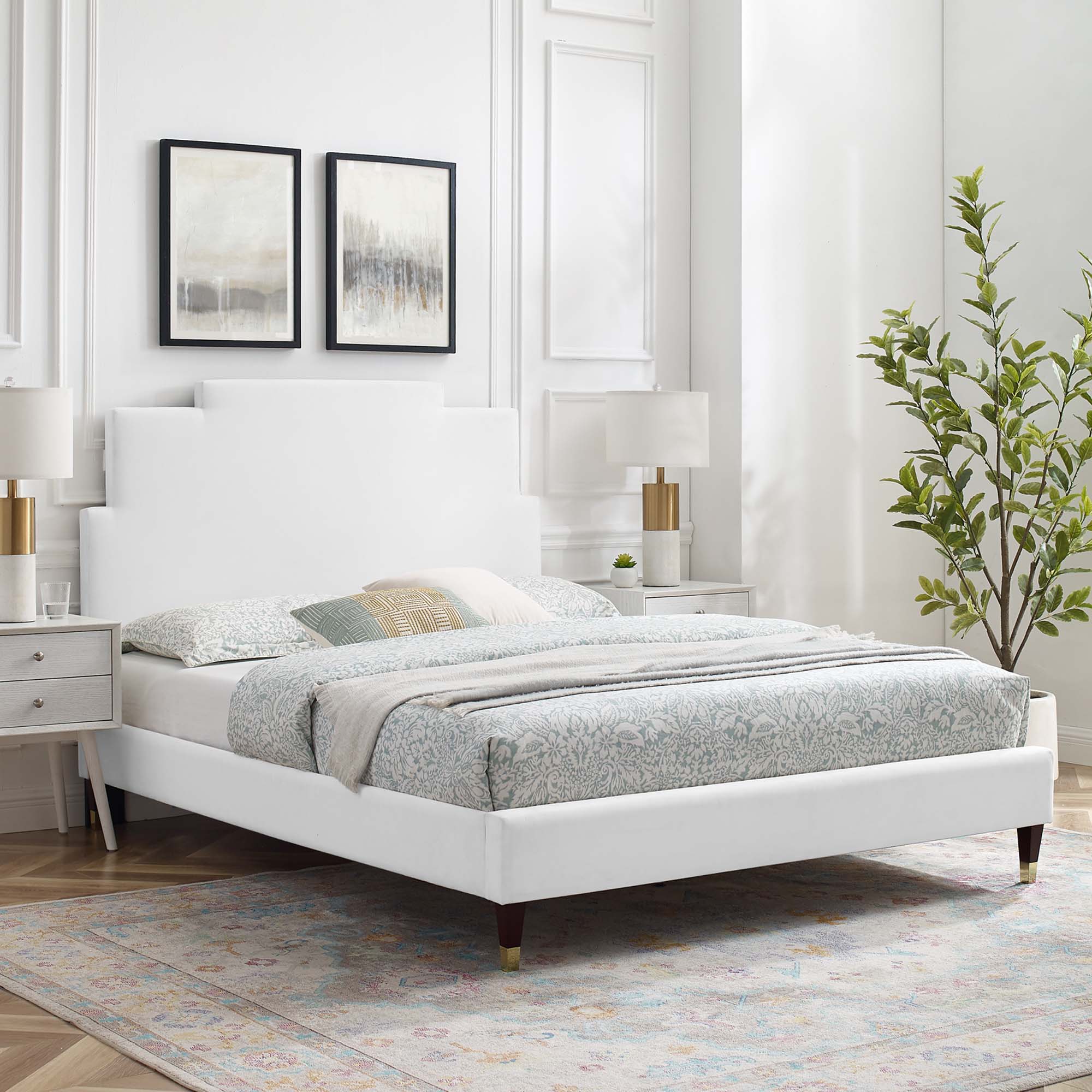 Lindsey White Performance Velvet King Platform Bed