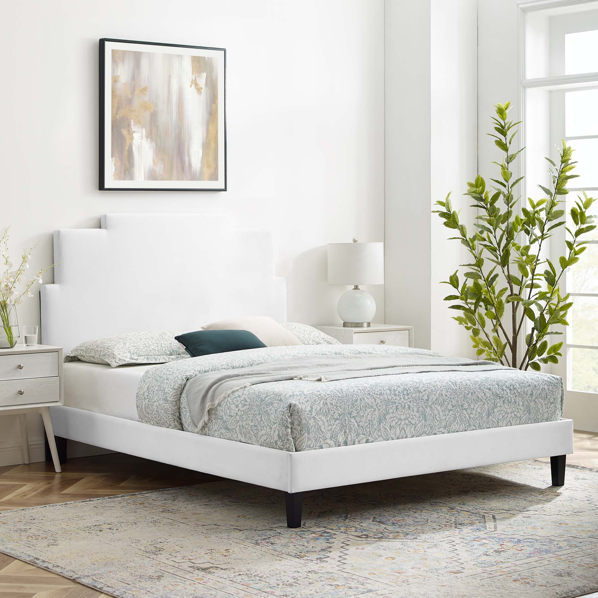 Lindsey White Performance Velvet King Platform Bed