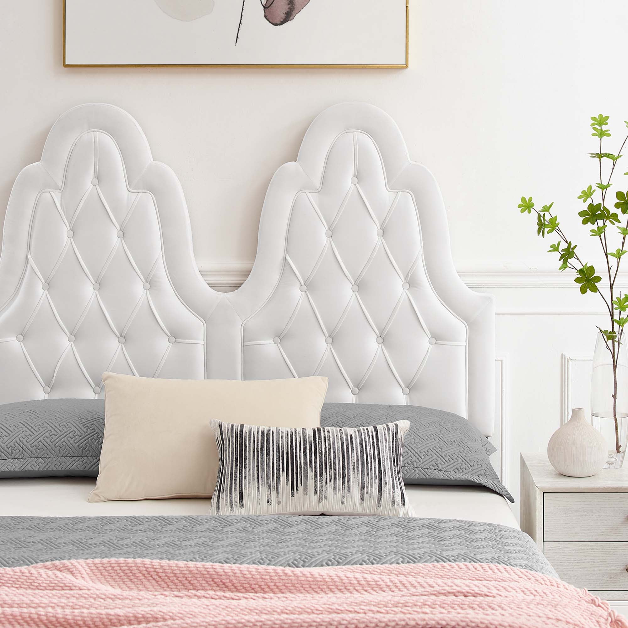 Maia Alexandria White Twin Velvet Bed  Modern Platform Design with Tufted Headboard