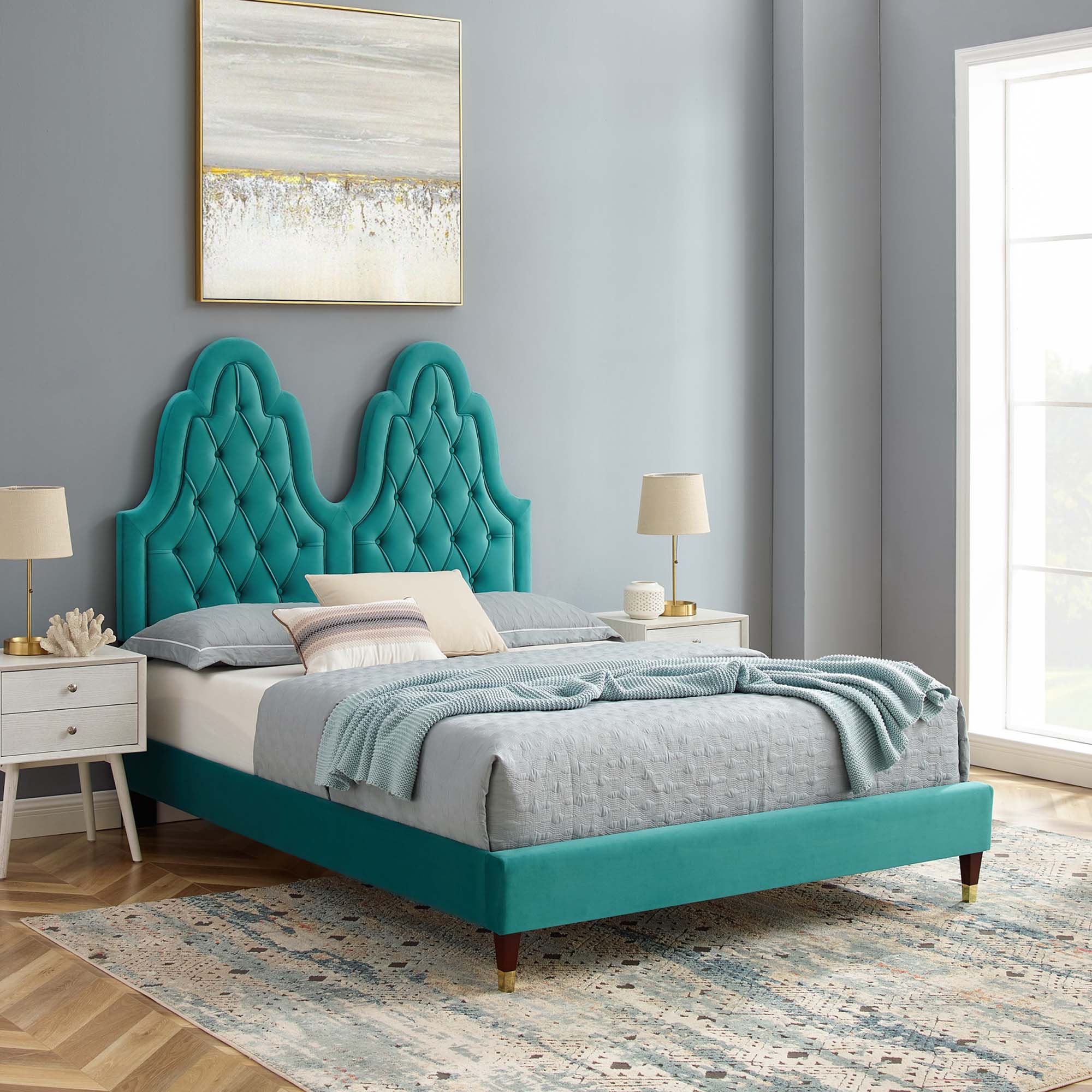 Alexandria Teal Tufted Performance Velvet Twin Platform Bed