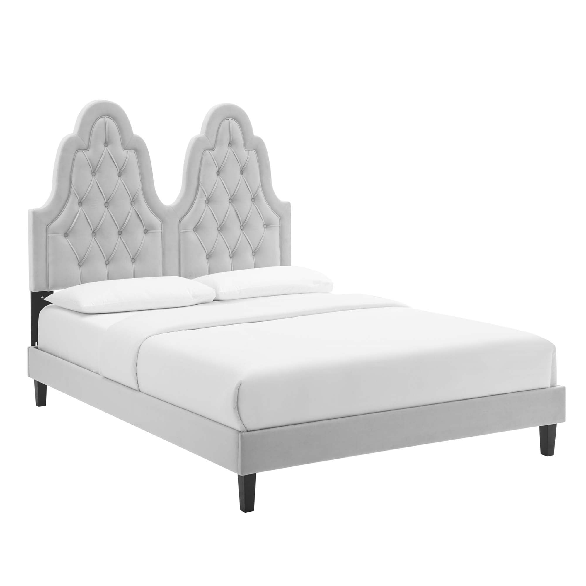 Maia Alexandria Collection Twin Bed in Light Gray Velvet – Tufted Design, Performance Upholstery