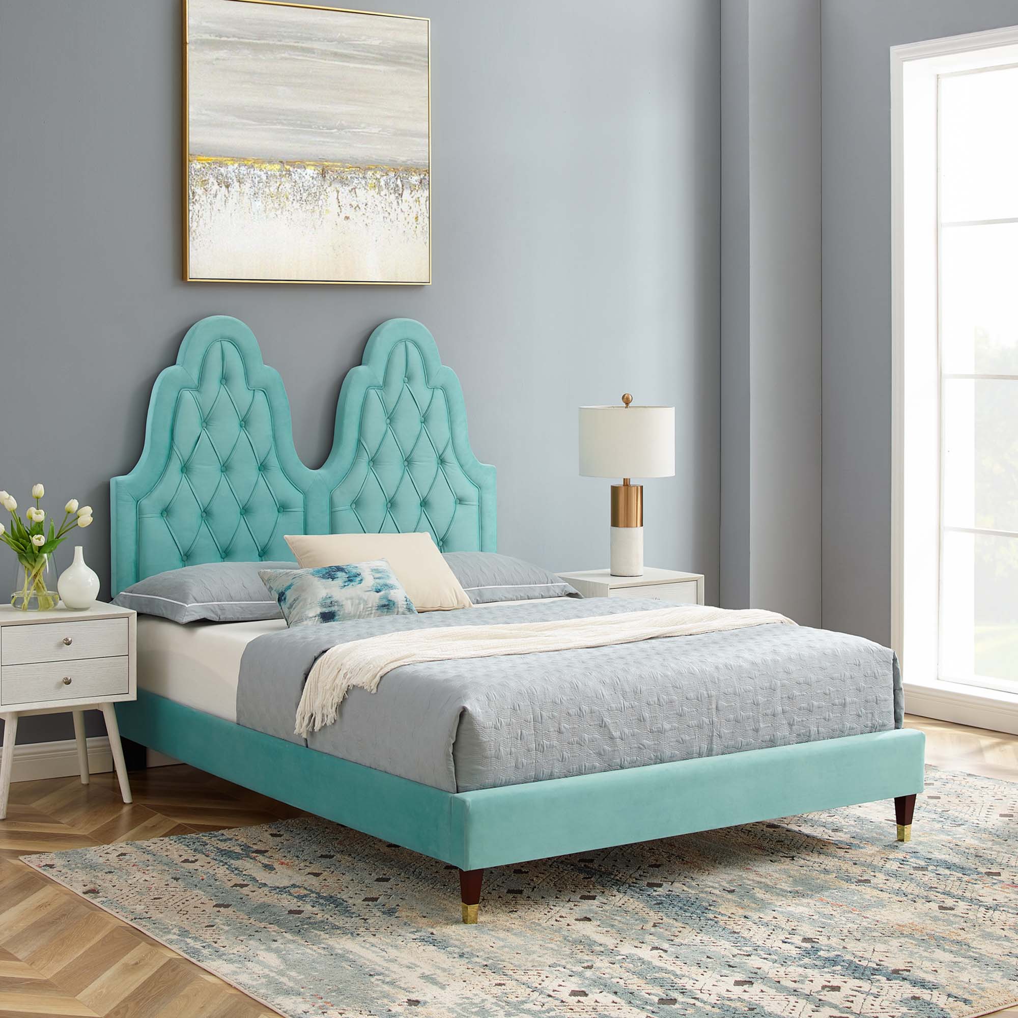 Alexandria Mint Tufted Performance Velvet Full Platform Bed