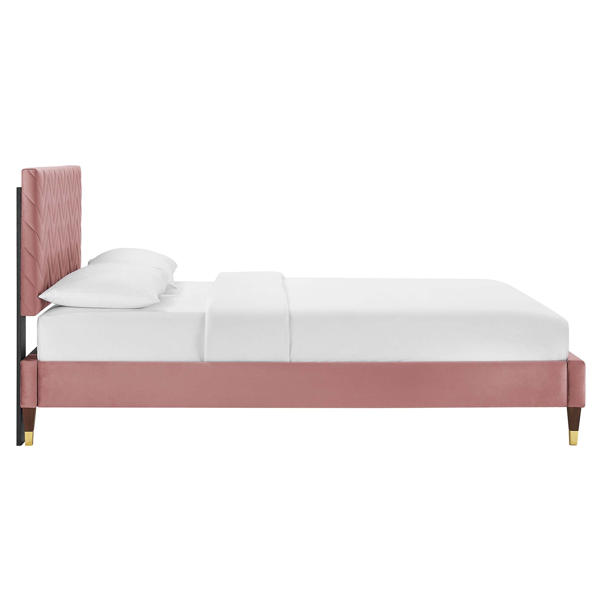 Leah Dusty Rose Chevron Tufted Performance Velvet Queen Platform Bed