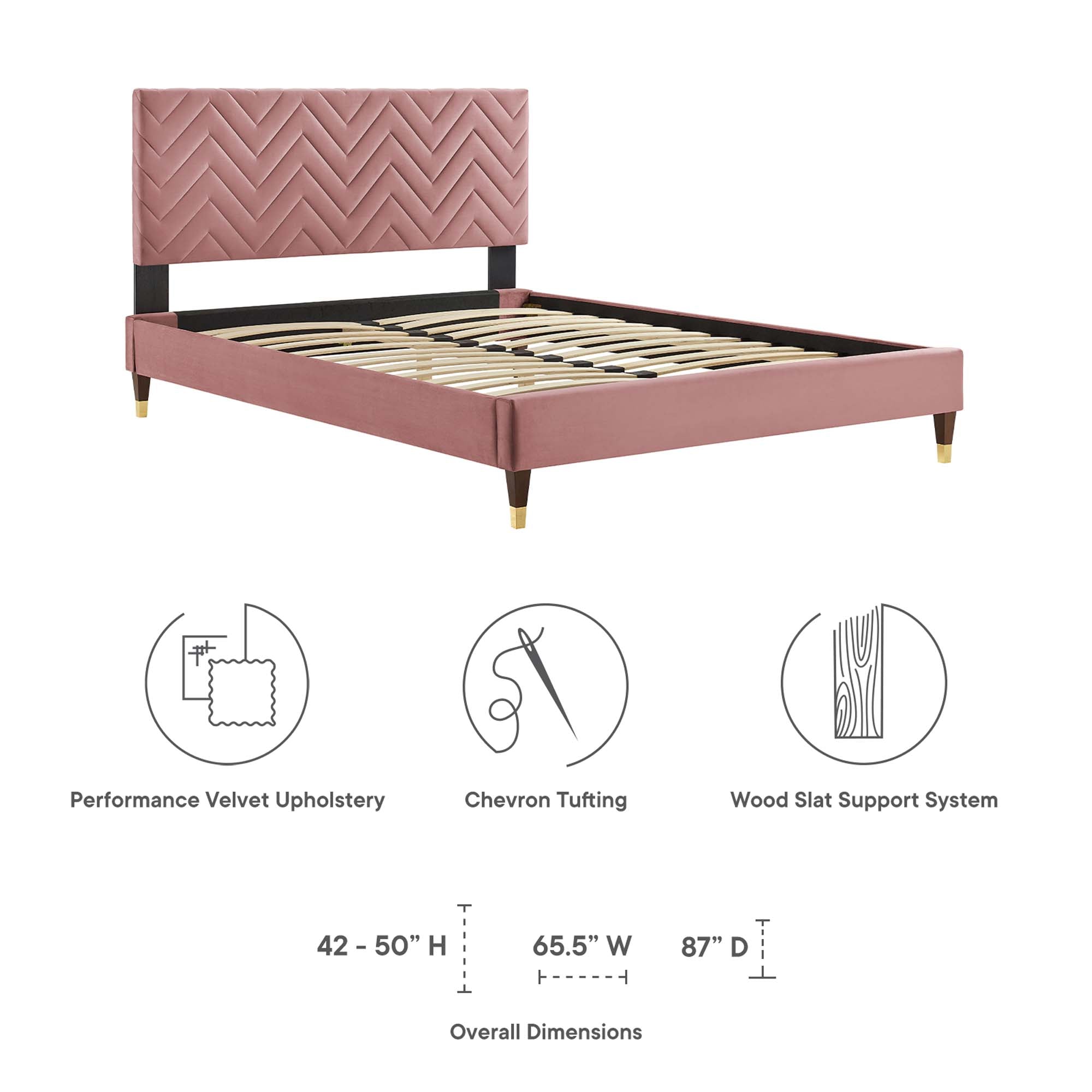 Leah Dusty Rose Chevron Tufted Performance Velvet Queen Platform Bed