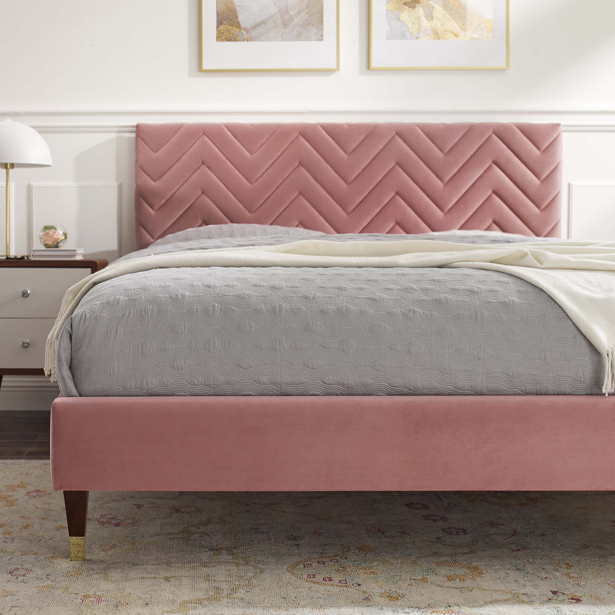 Leah Dusty Rose Chevron Tufted Performance Velvet Queen Platform Bed