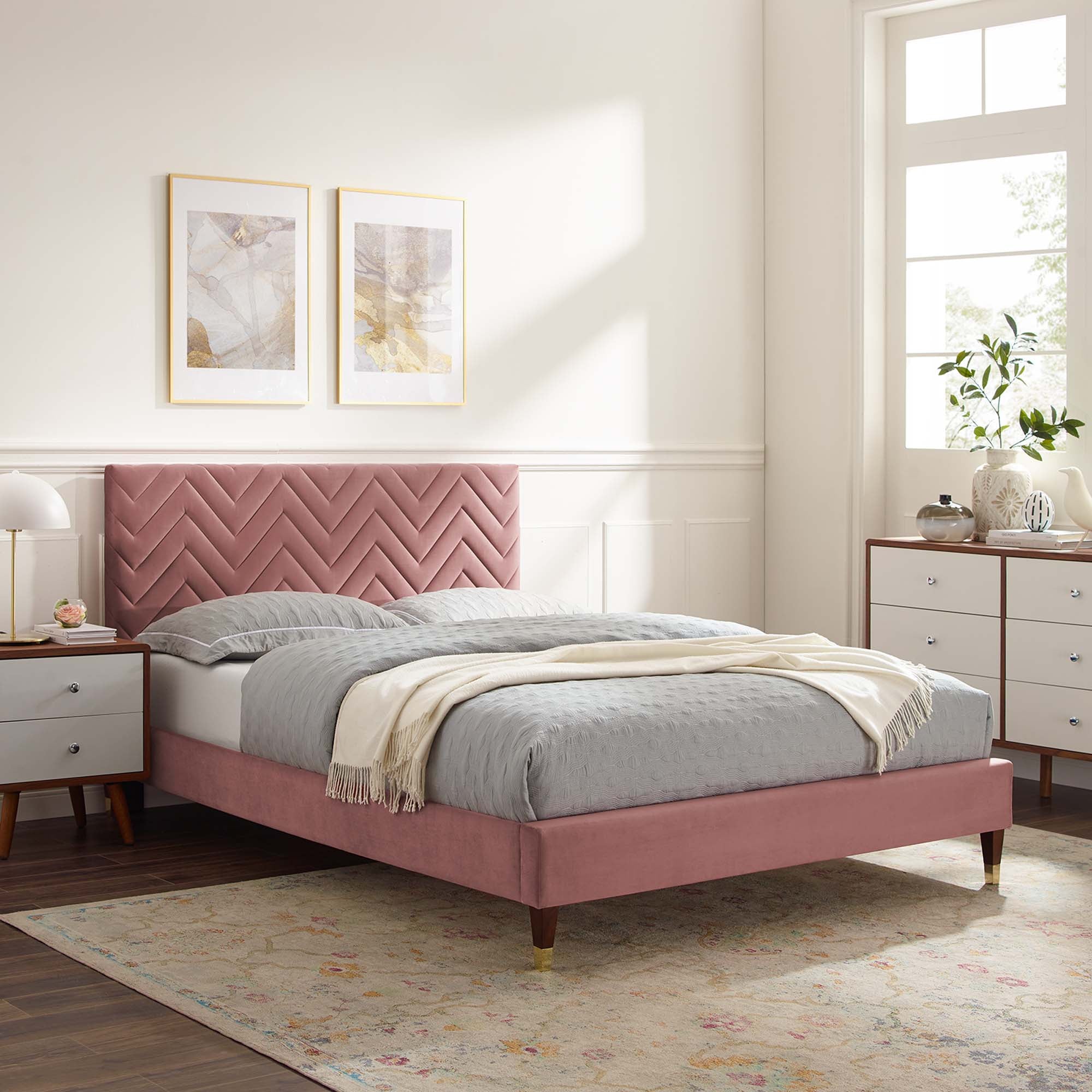 Leah Dusty Rose Chevron Tufted Performance Velvet Queen Platform Bed