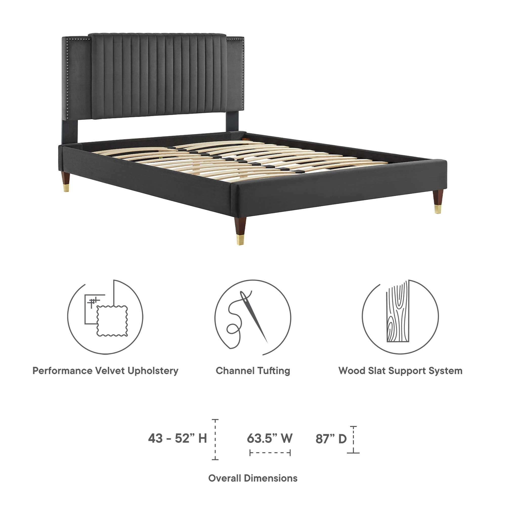 Zahra Charcoal Channel Tufted Performance Velvet Queen Platform Bed