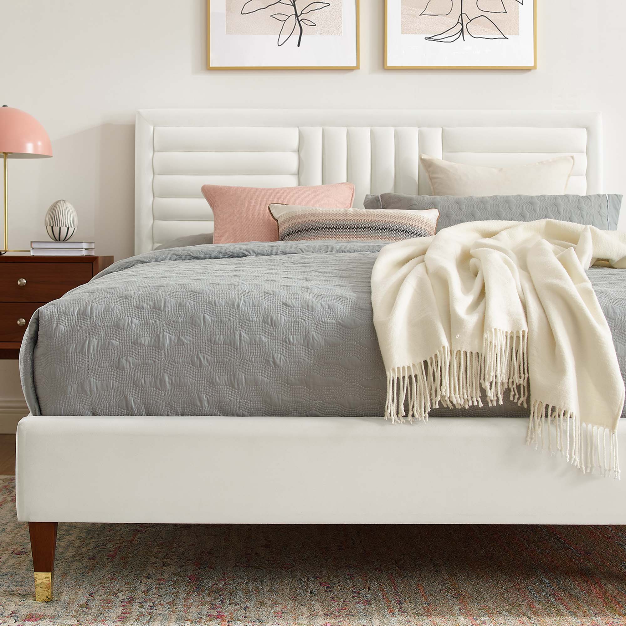 Sofia White Channel Tufted Performance Velvet Queen Platform Bed