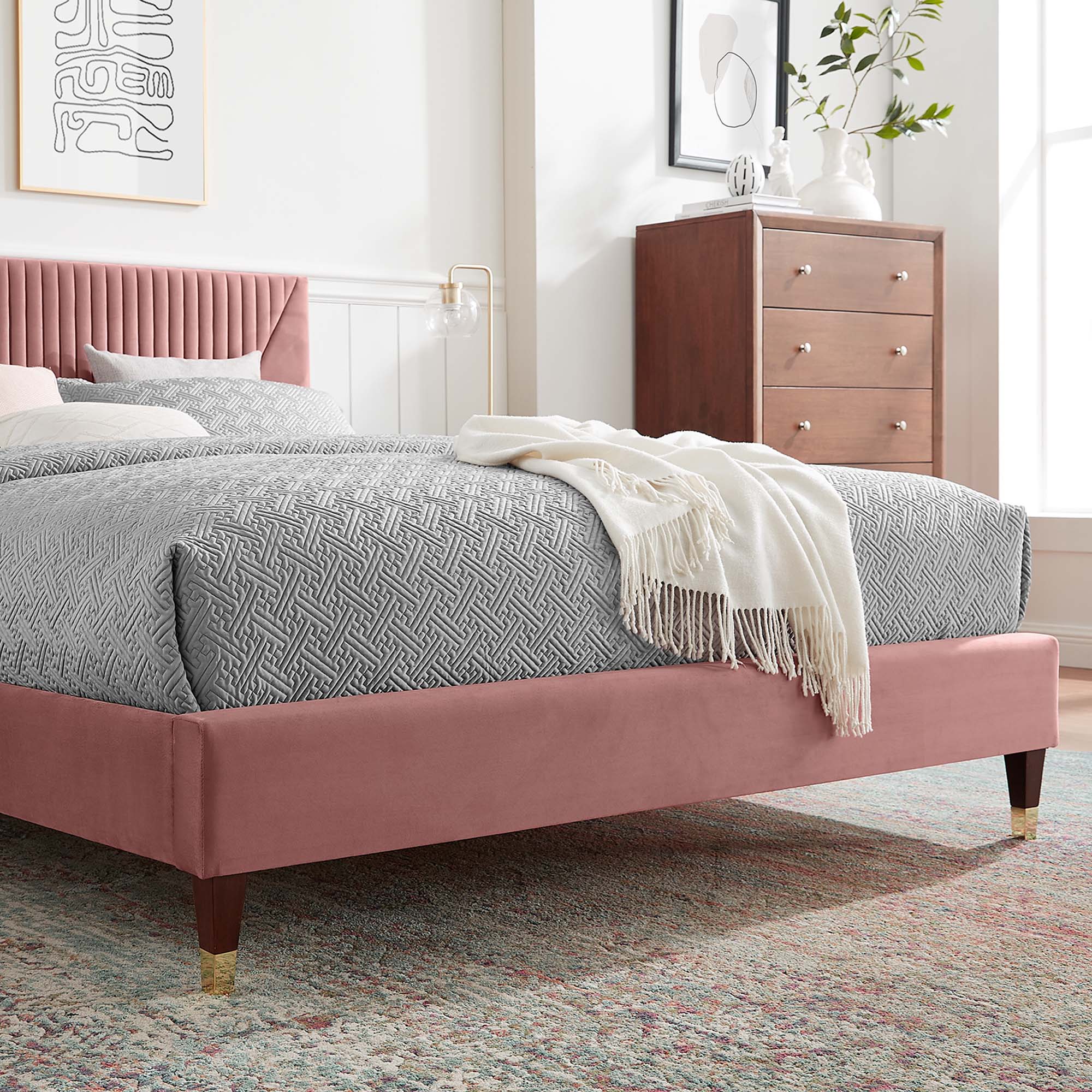 Yasmine Dusty Rose Channel Tufted Performance Velvet Queen Platform Bed