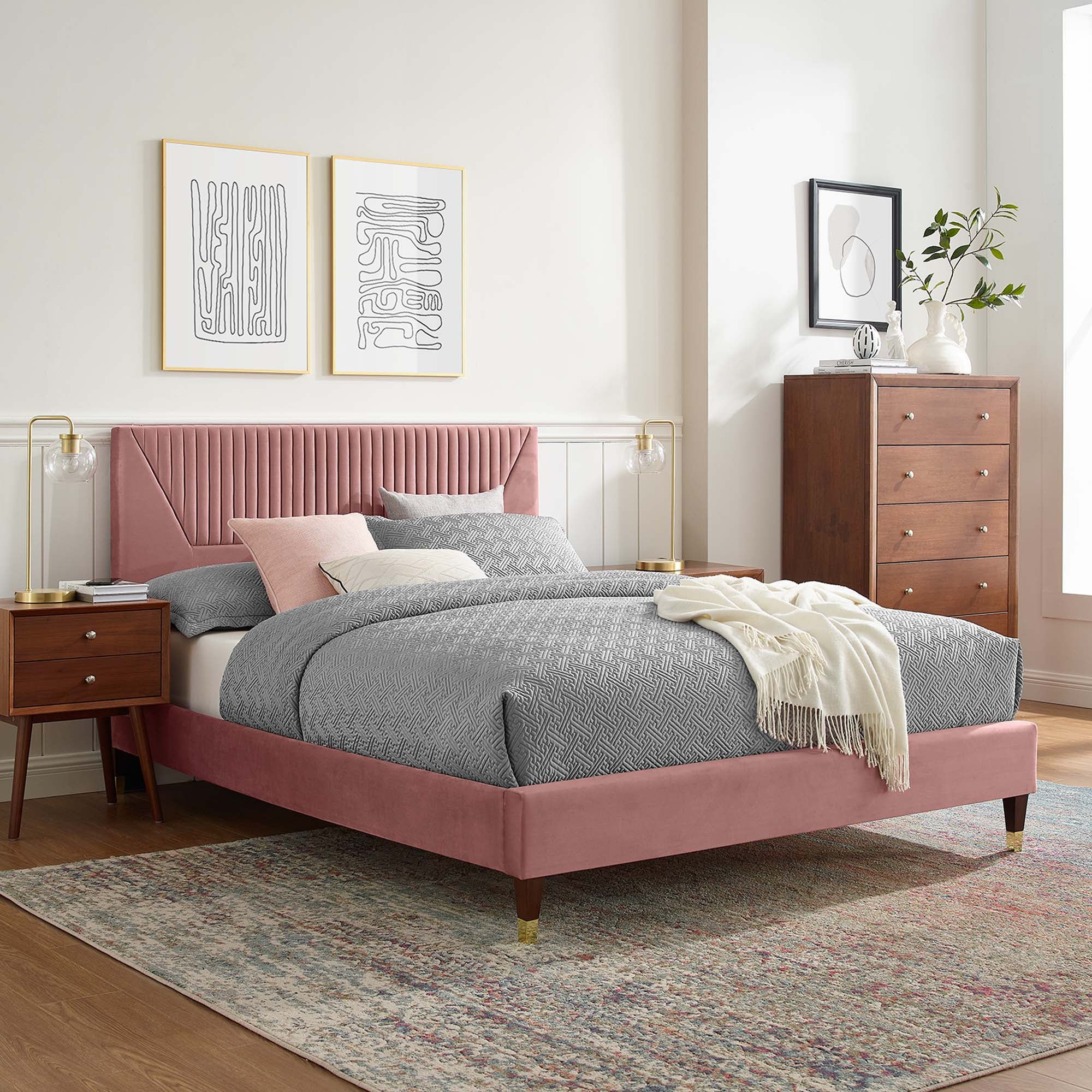 Yasmine Dusty Rose Channel Tufted Performance Velvet Queen Platform Bed