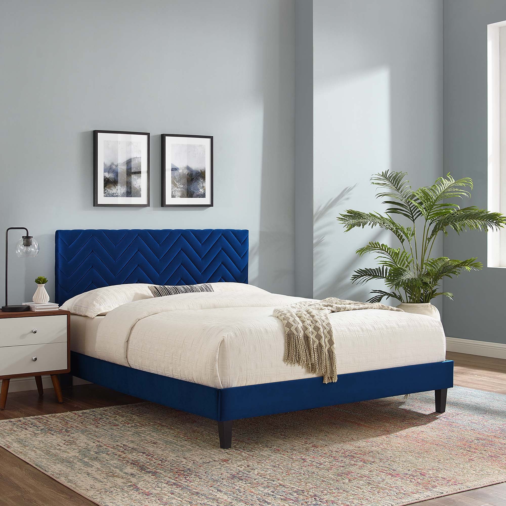 Leah Navy Chevron Tufted Performance Velvet Queen Platform Bed