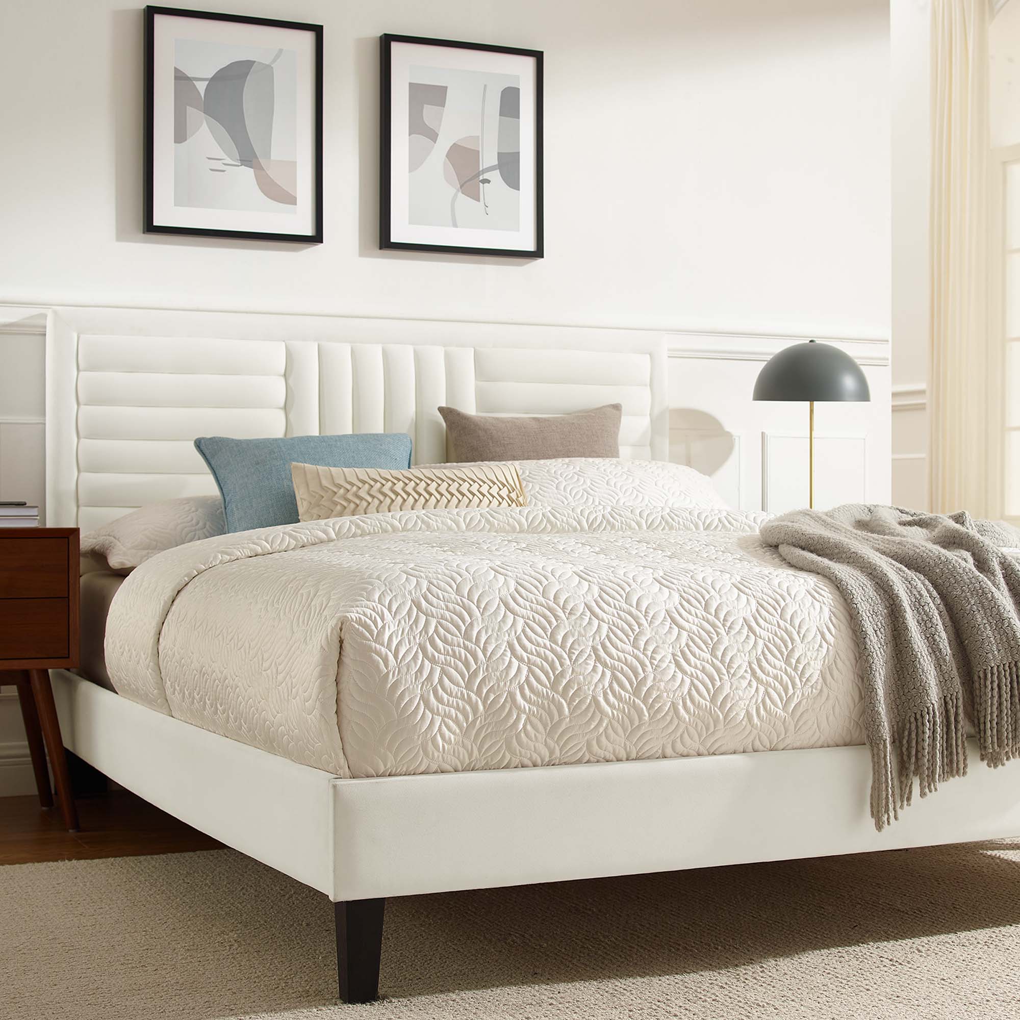 Sofia White Channel Tufted Performance Velvet Queen Platform Bed