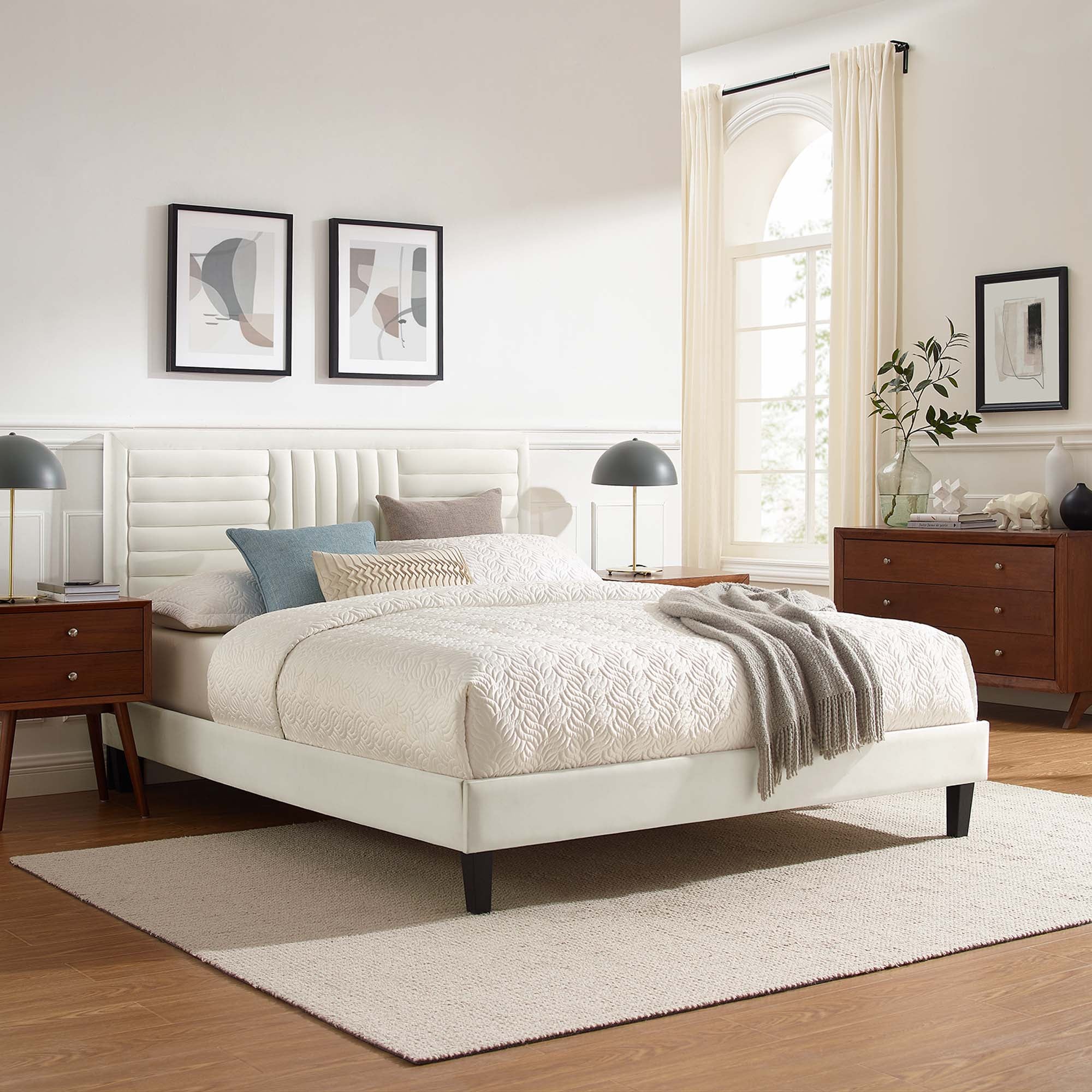 Sofia White Channel Tufted Performance Velvet Queen Platform Bed