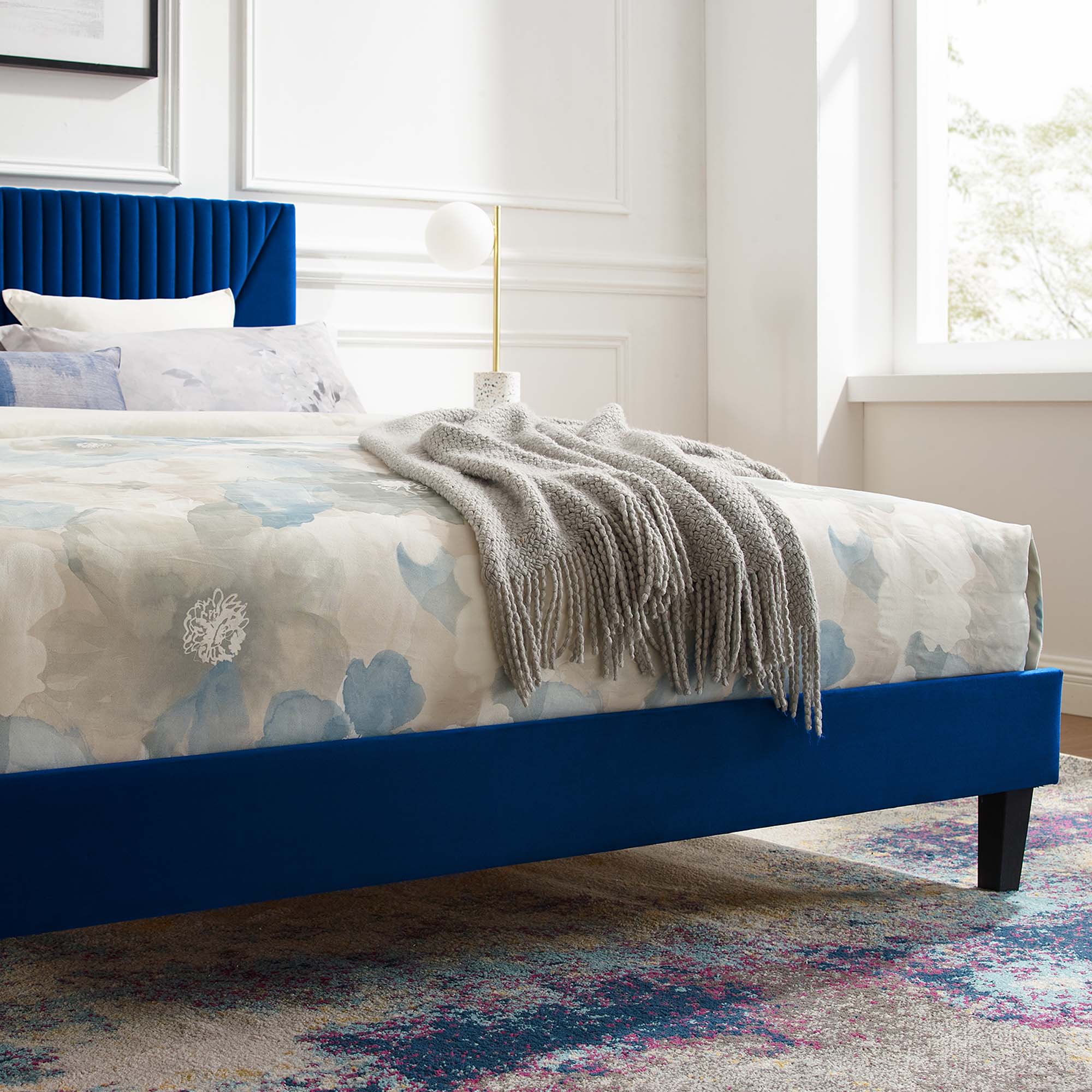 Yasmine Navy Channel Tufted Performance Velvet Queen Platform Bed