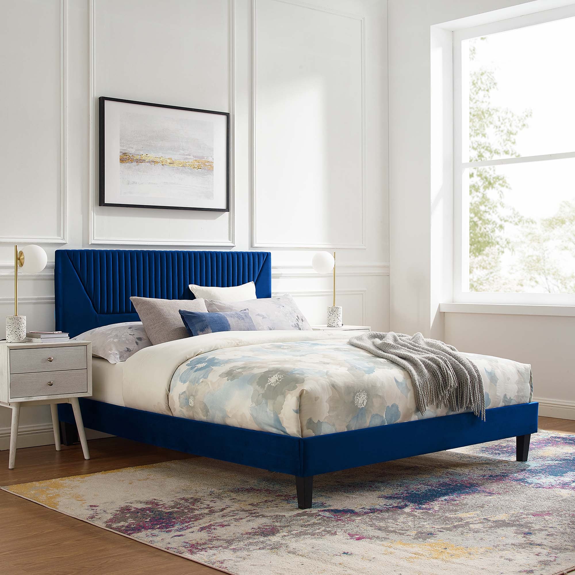 Yasmine Navy Channel Tufted Performance Velvet Queen Platform Bed