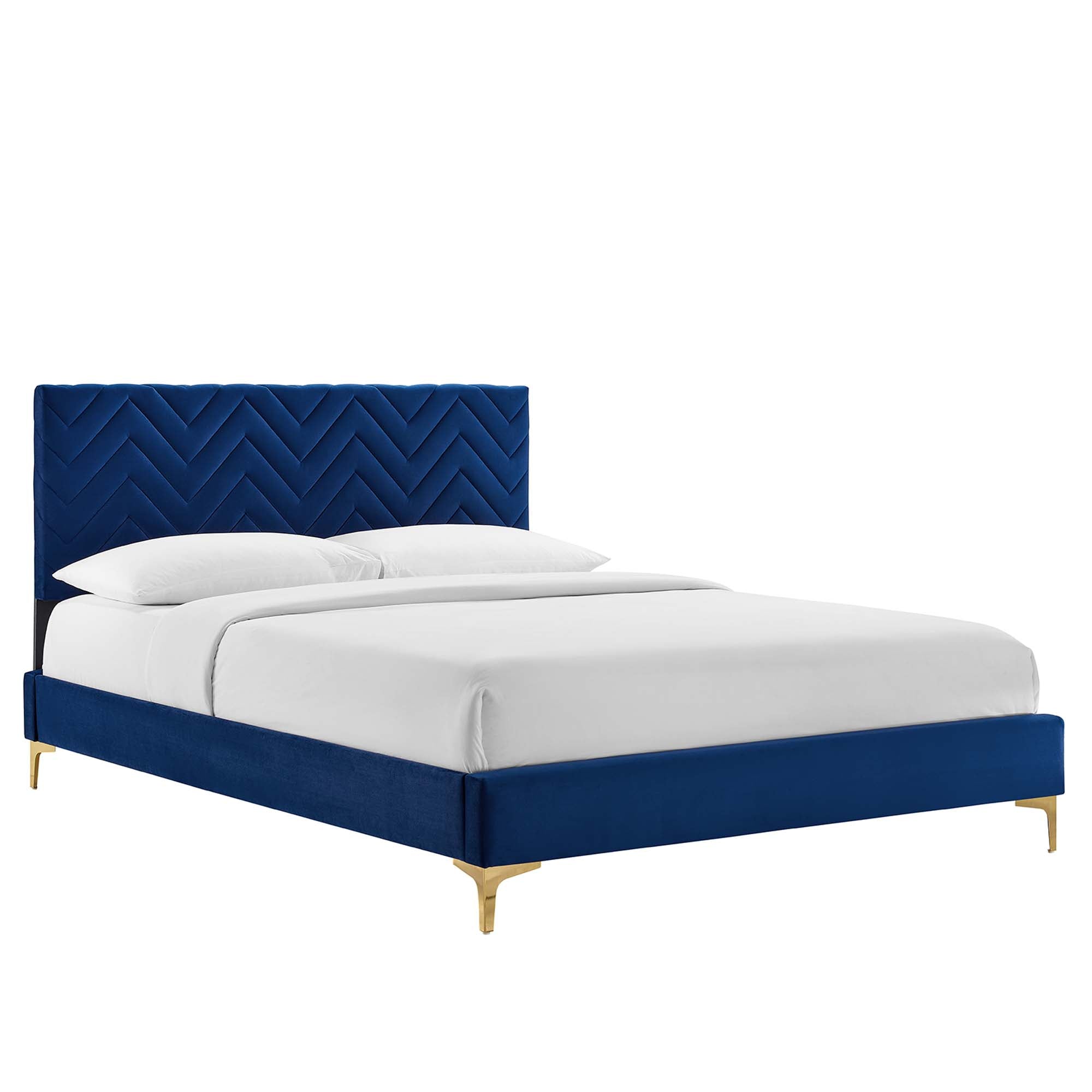 Leah Navy Chevron Tufted Performance Velvet Queen Platform Bed