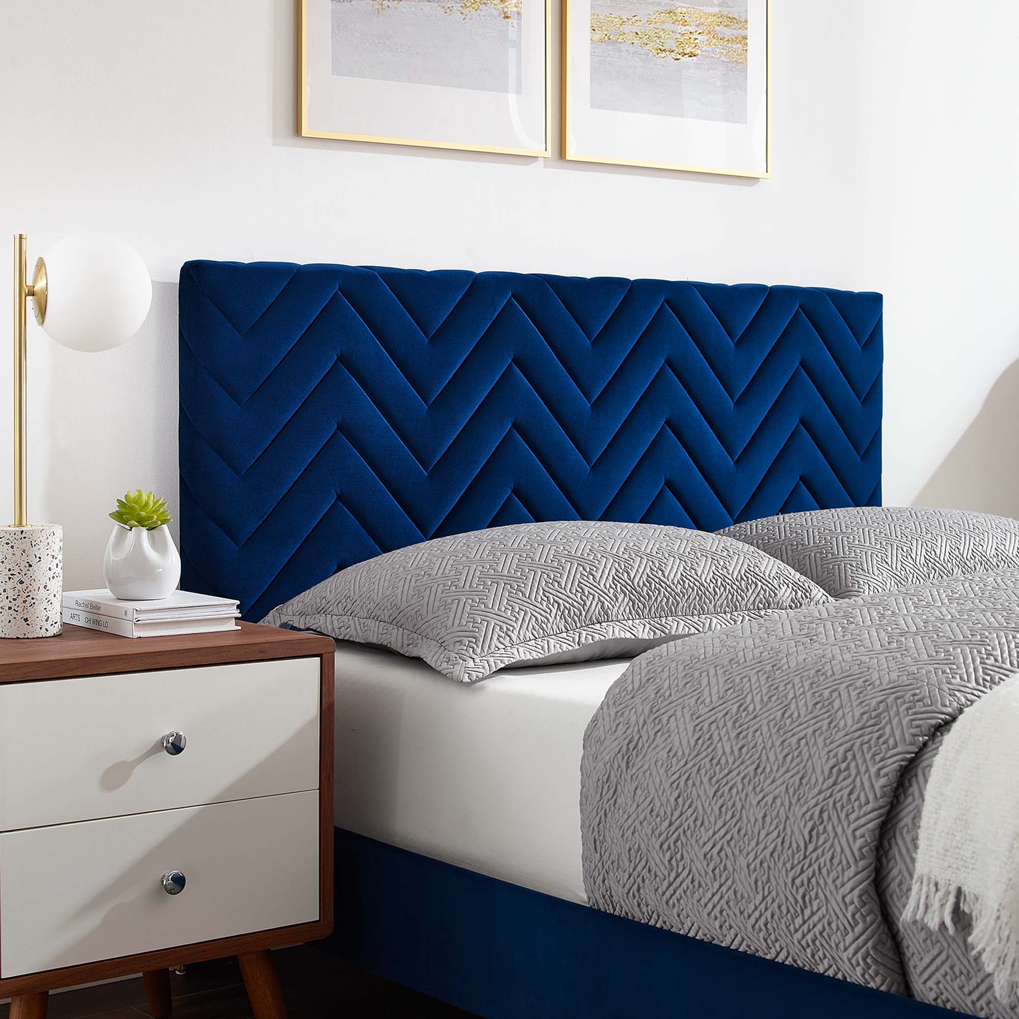 Leah Navy Chevron Tufted Performance Velvet Queen Platform Bed